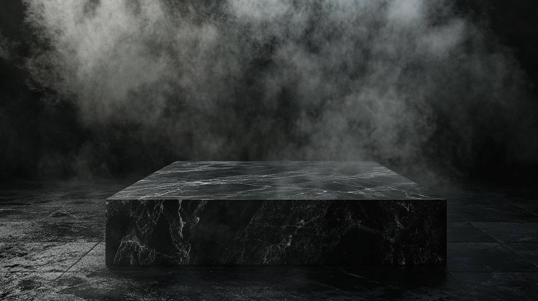 A dark marble block serves as a stage against a smoky, theatrical background. Perfect for showcasing products or highlighting design concepts. photo