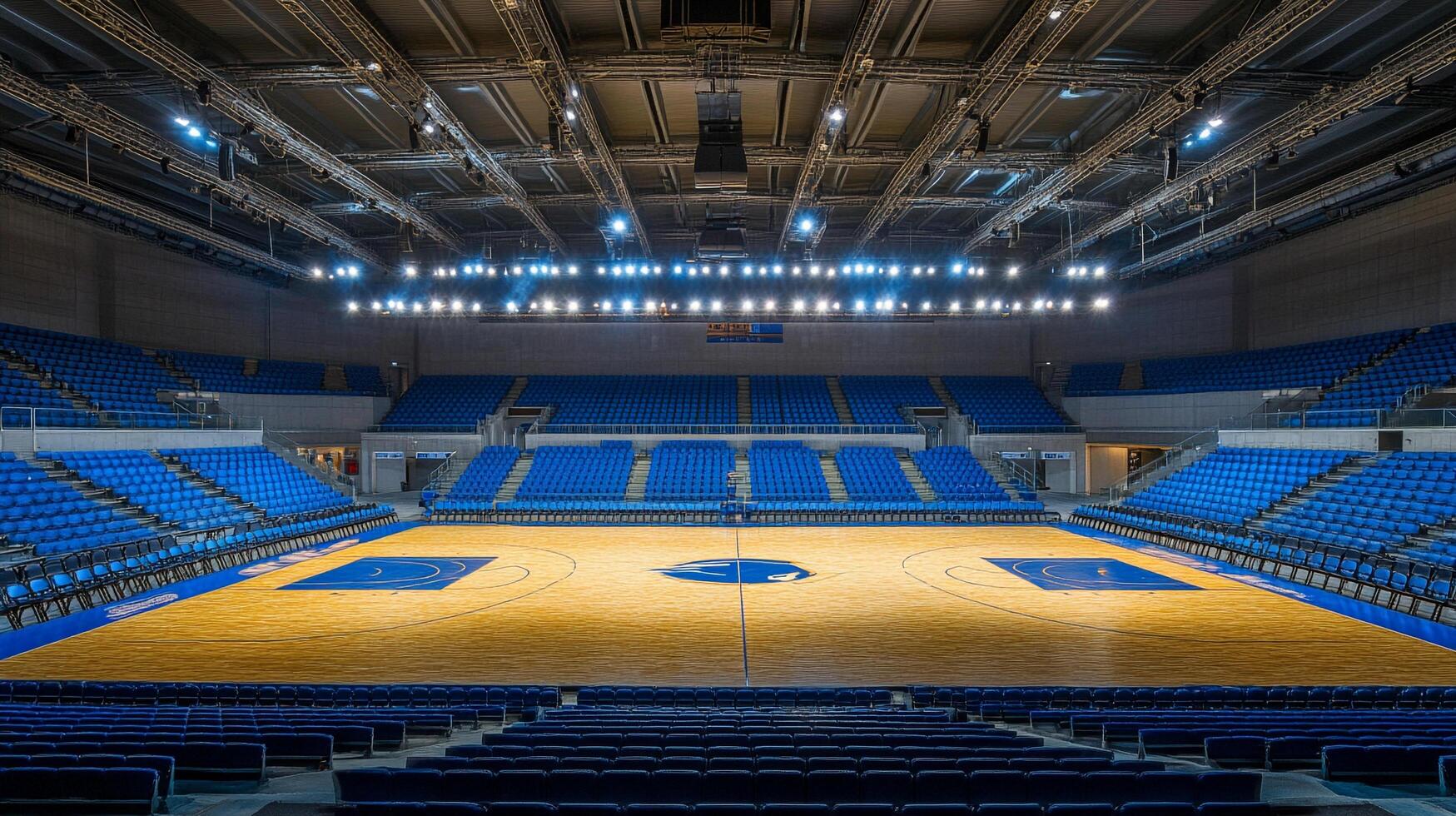 Spacious indoor basketball arena with blue seating. Overhead lighting illuminating the court, creating a dynamic space for competition. photo
