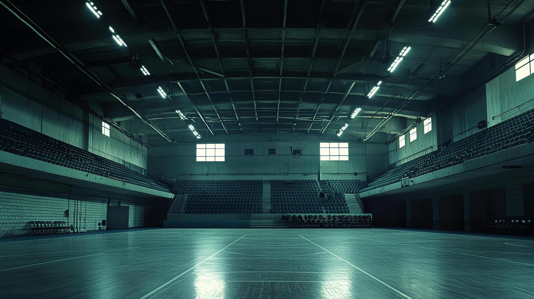 Vast, empty gymnasium with bleachers under fluorescent lights. The vacant arena exudes a sense of quiet anticipation and potential. photo