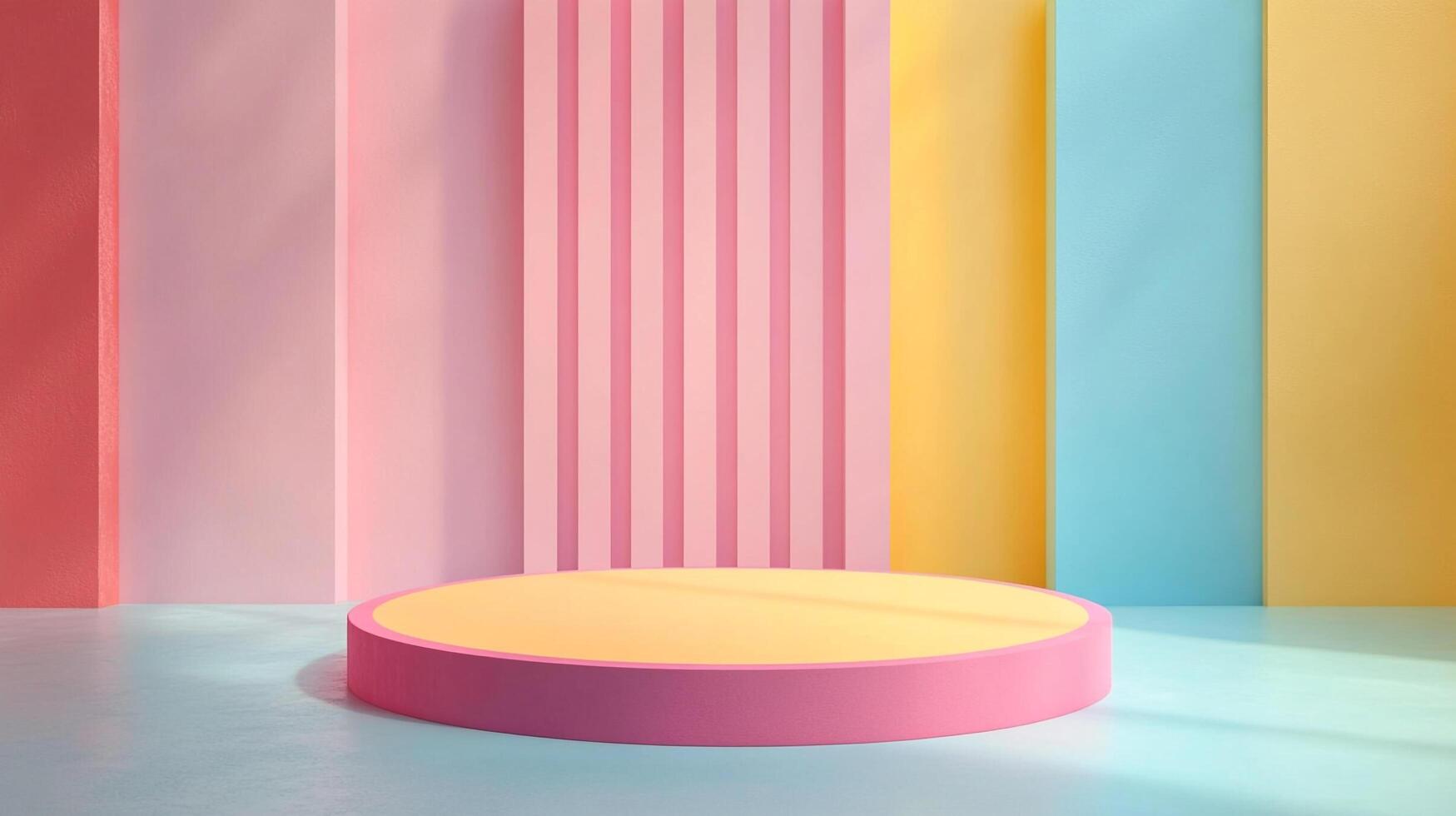 Vibrant presentation platform. A pink-trimmed, gold platform on a light blue surface, set against a colorful panel backdrop. Studio lighting. photo