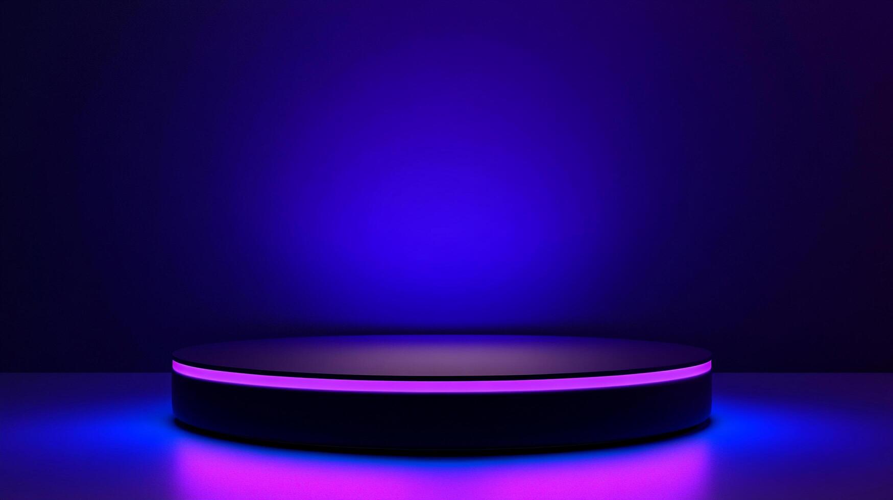 Sleek black pedestal illuminated with neon purple lights against a vivid blue backdrop, creating a striking modern display. photo