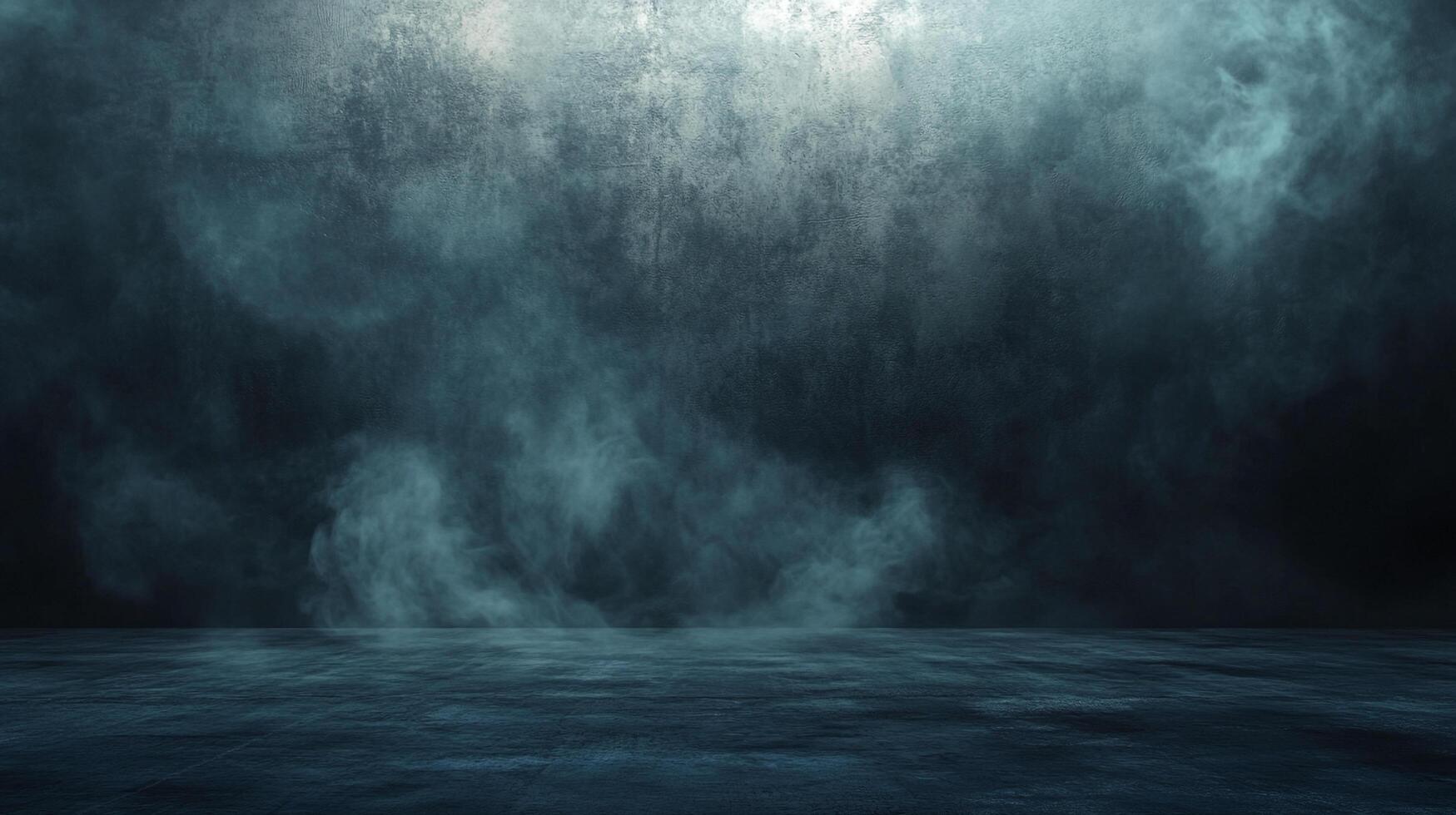 Eerie scene of blue mist in a dark, damp room. Moody and atmospheric with a textured wall and floor, creating a sense of mystery and foreboding. photo