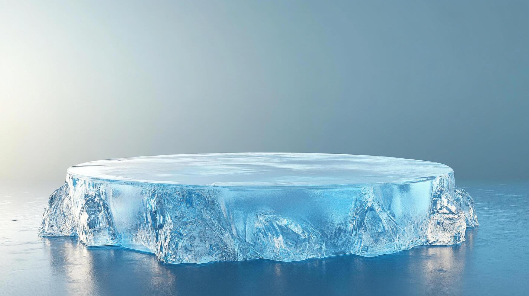 A translucent, icy circular platform with textured edges rests on a reflective surface against a light blue background. Cold and minimalistic. photo