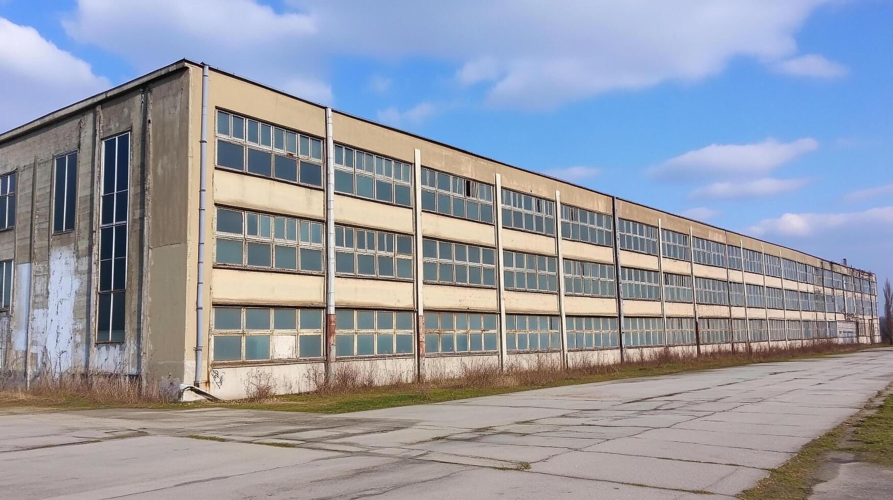 Dilapidated building with many windows and weathered concrete, under a blue sky, evokes urban decay and industrial abandonment. photo