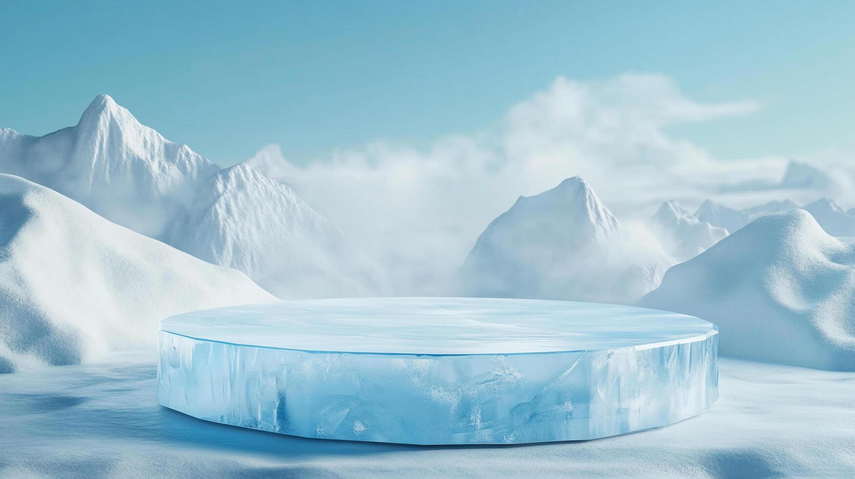 Icy platform in a snowy, mountainous landscape. Cool toned background. Frozen concept. Perfect for showcasing winter or arctic themes. photo