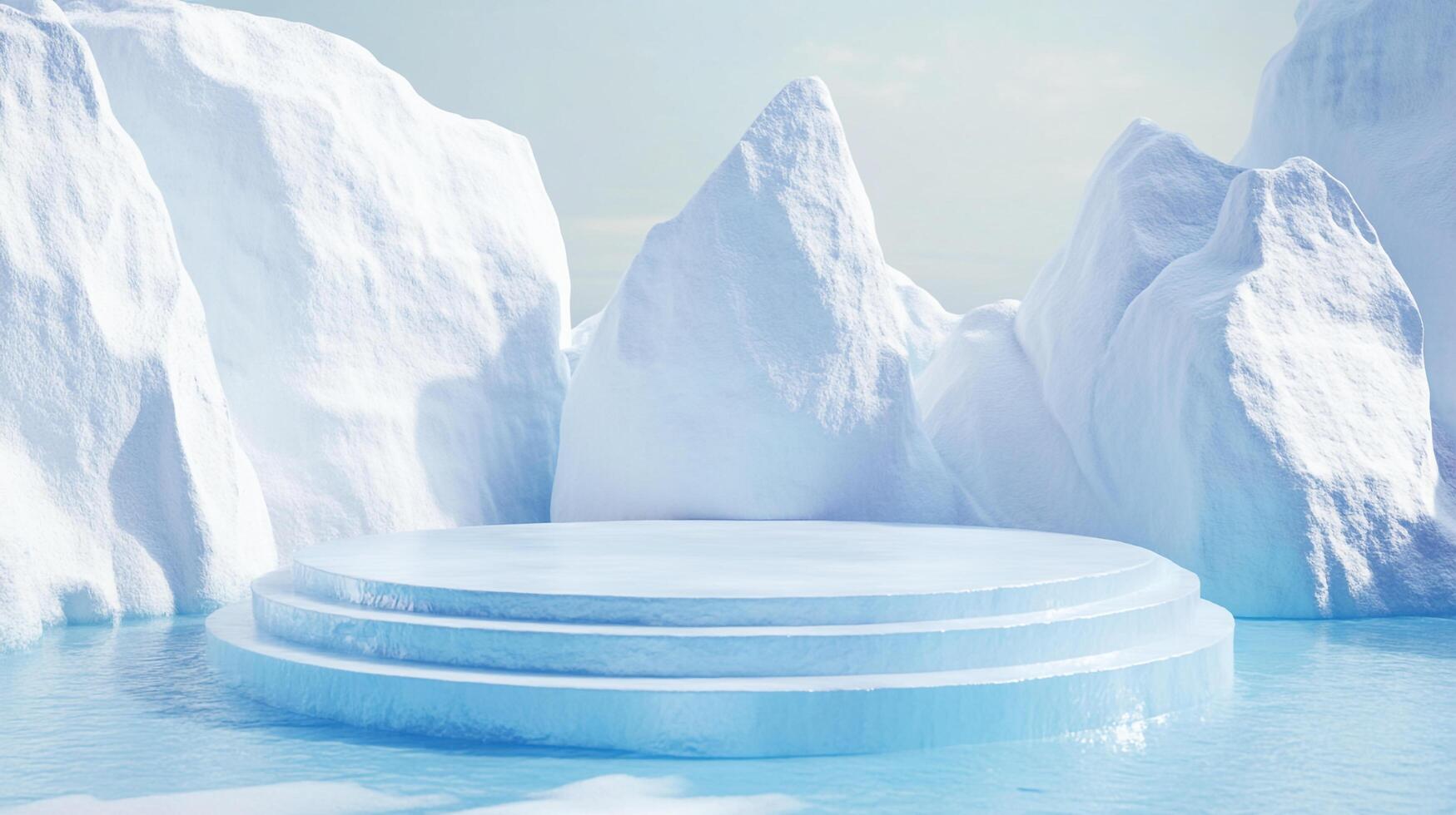 Icy platform with glacial mountain backdrop. Cool elegance for product placement. A crisp, clean, and inviting design. photo
