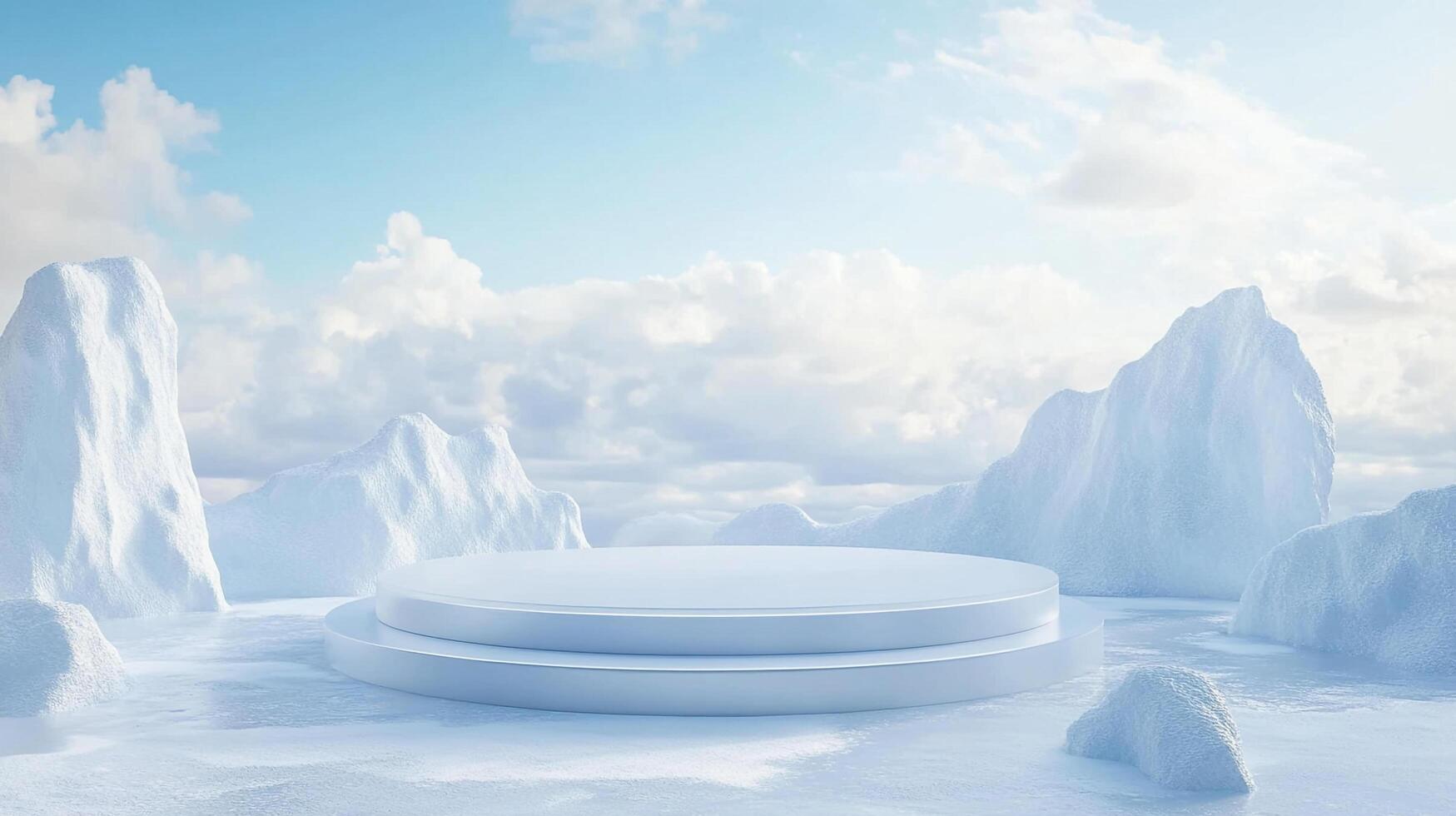 Icy display platform in a serene glacial landscape, ideal for showcasing a product against a backdrop of icebergs and cloudy skies. photo