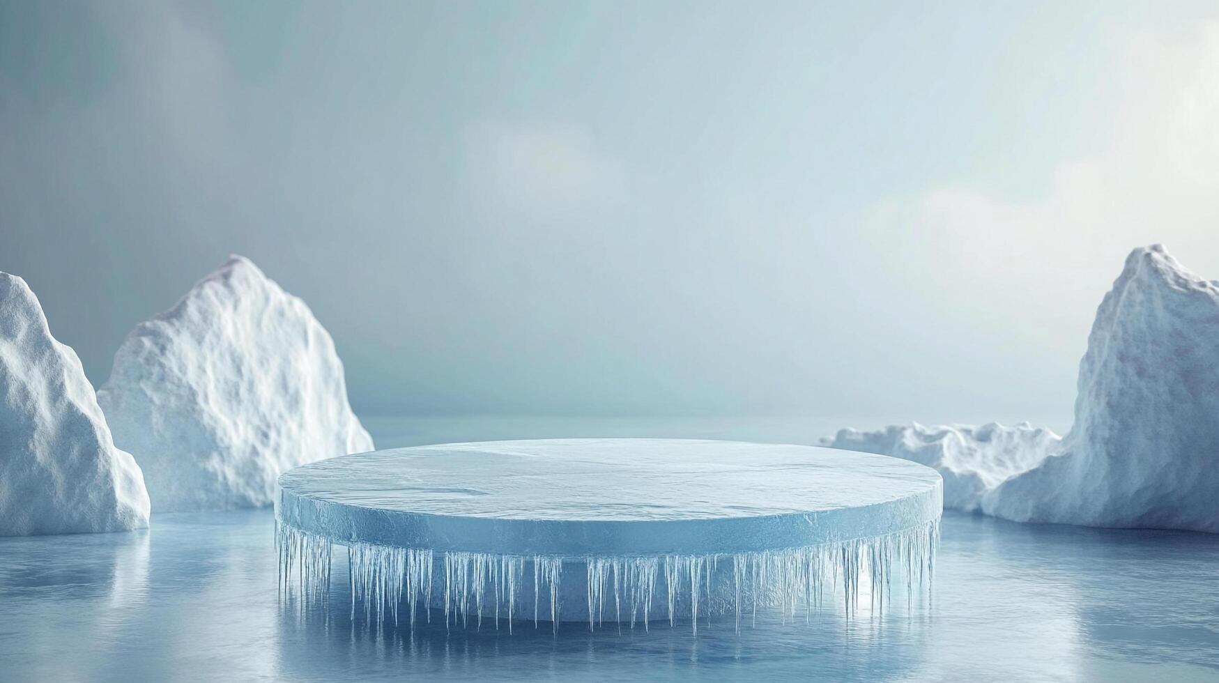 Icy pedestal with long icicles in winter landscape. A product stage with winter scenery, ice and cold, perfect for a product showcase. photo