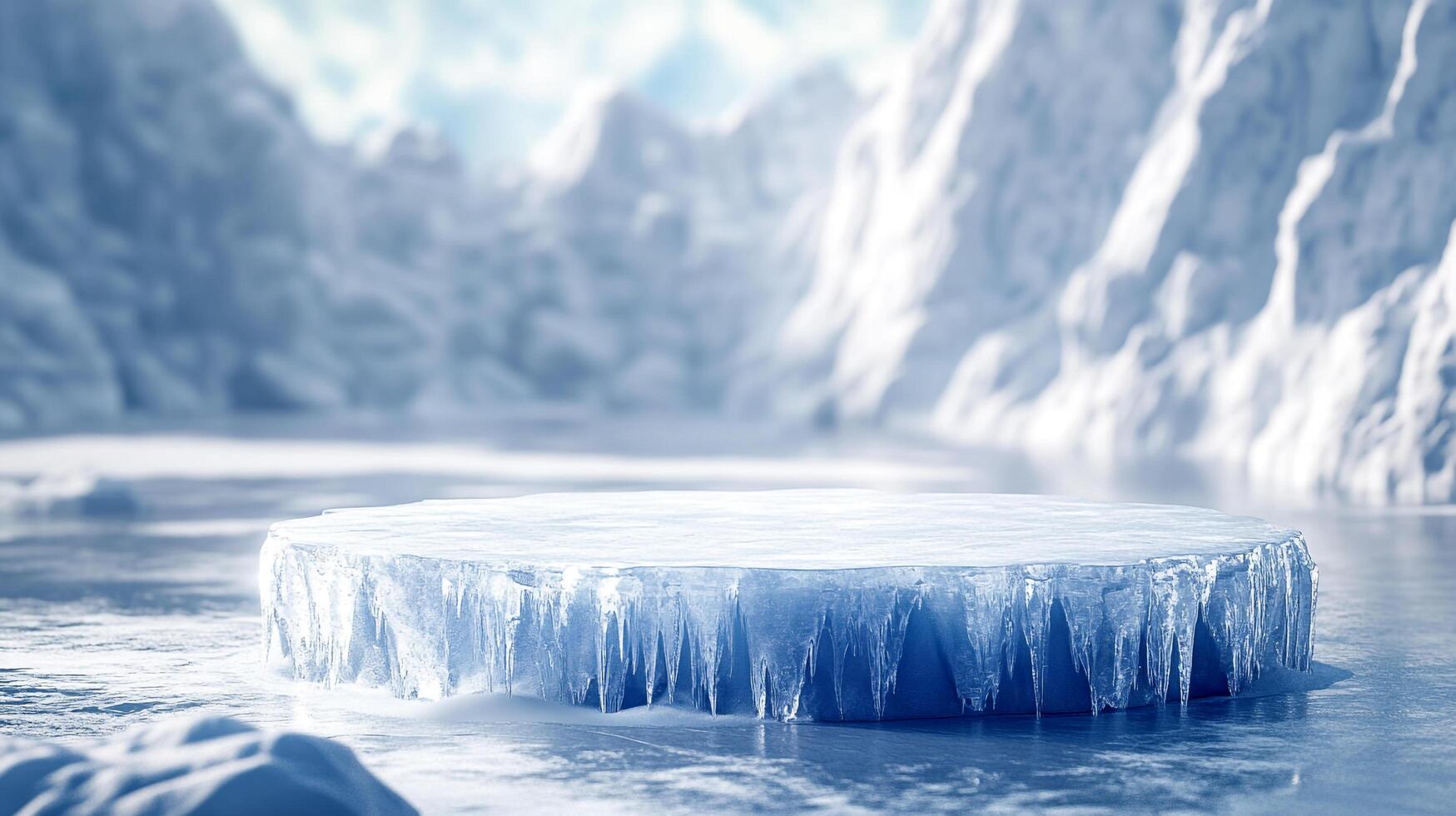Icy platform in a serene winter landscape, icicles hang from the platform's edges, mountains blur in the cold background, inviting winter. photo