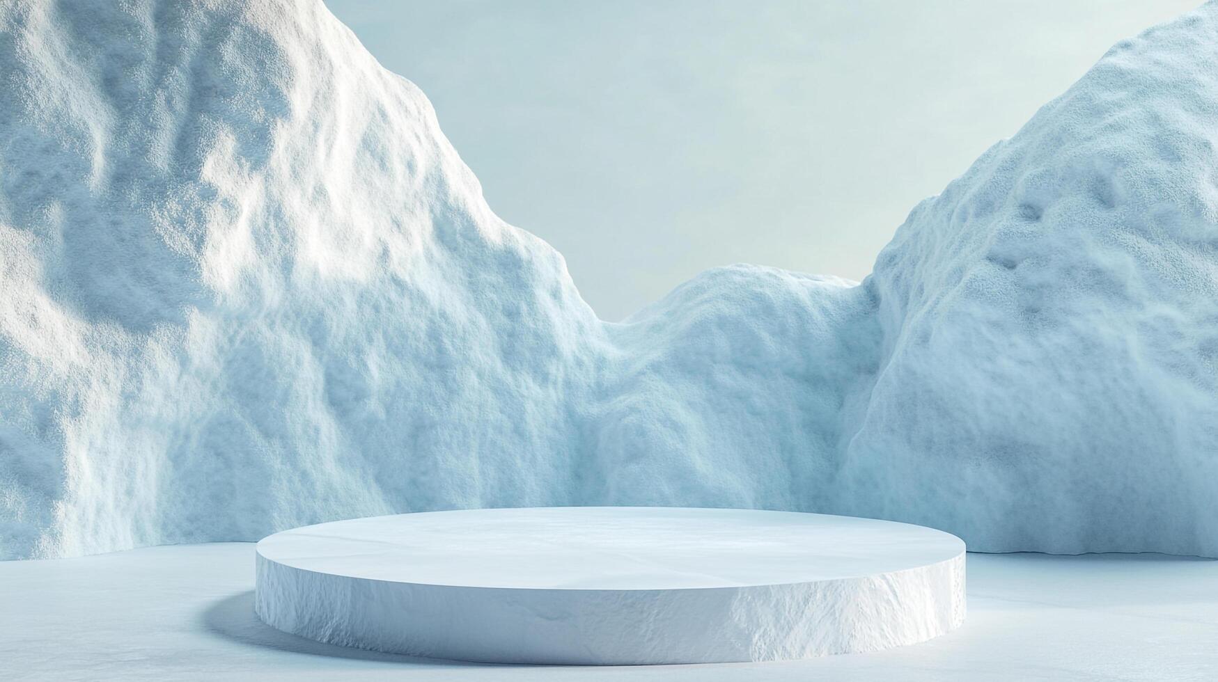 Icy stage for presenting products. A round pedestal sits on an arctic surface, framed by snow-covered mounds under a pale sky. photo