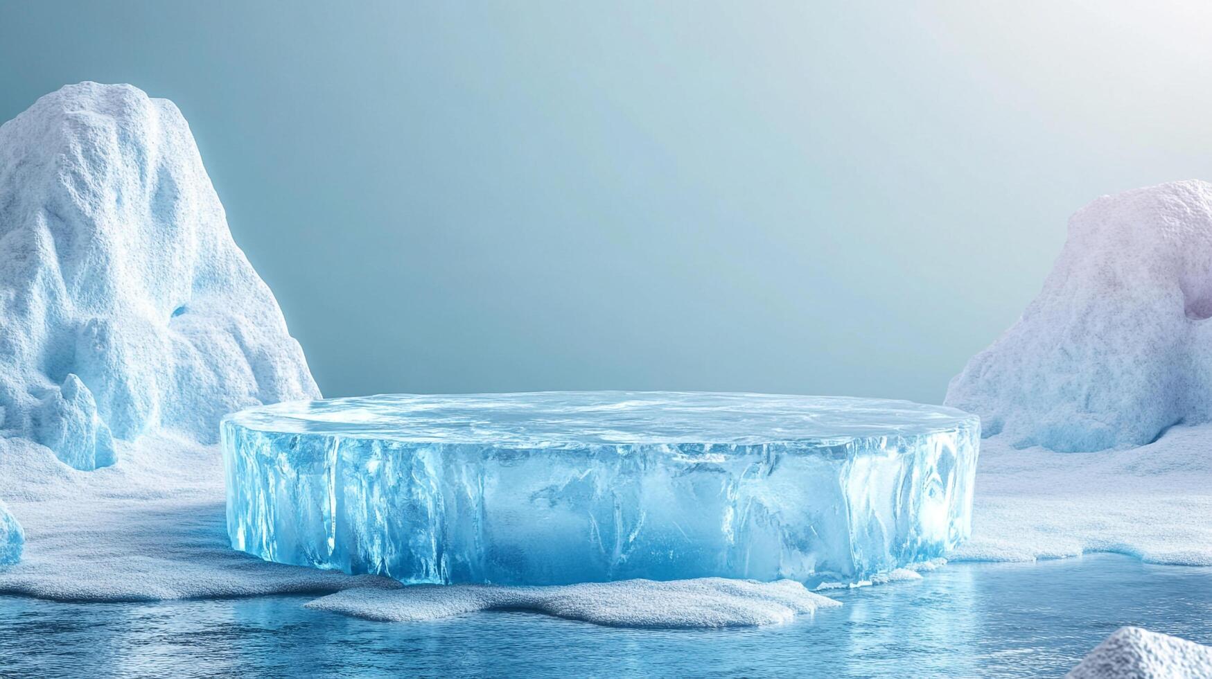 Icy platform in a serene, glacial setting. Cool blue tones and natural textures create a visually stunning backdrop. Perfect for presentations. photo