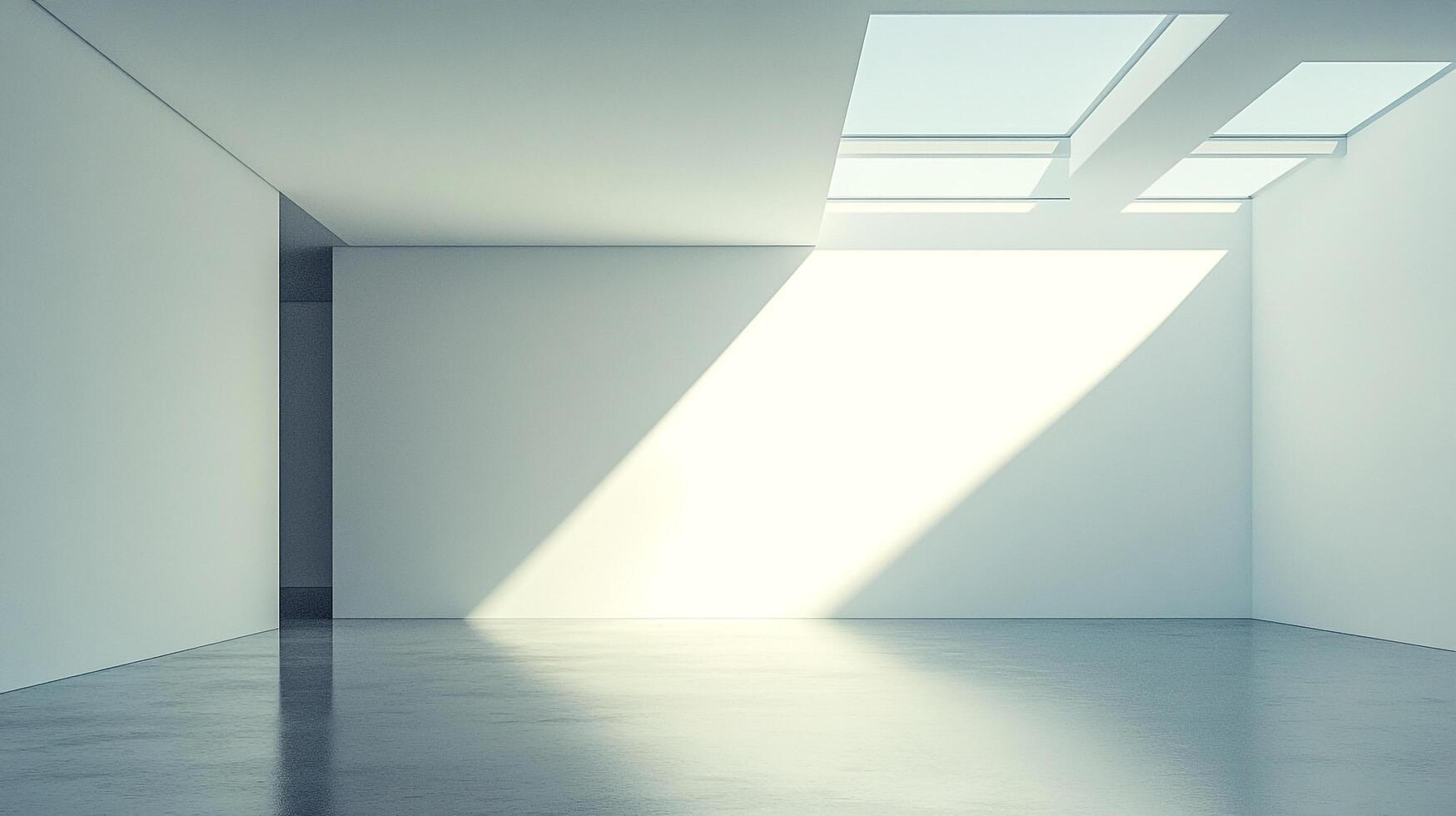 Minimalist interior featuring light streams from geometric skylights, illuminating a vast, open space with white walls and smooth concrete floors. photo