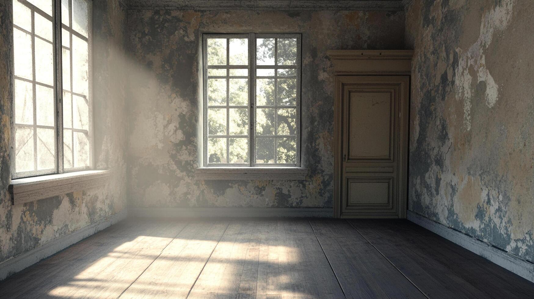 Sunlight streams into an aged room, illuminating worn walls and wooden floors, creating a serene, abandoned atmosphere of aged beauty. photo