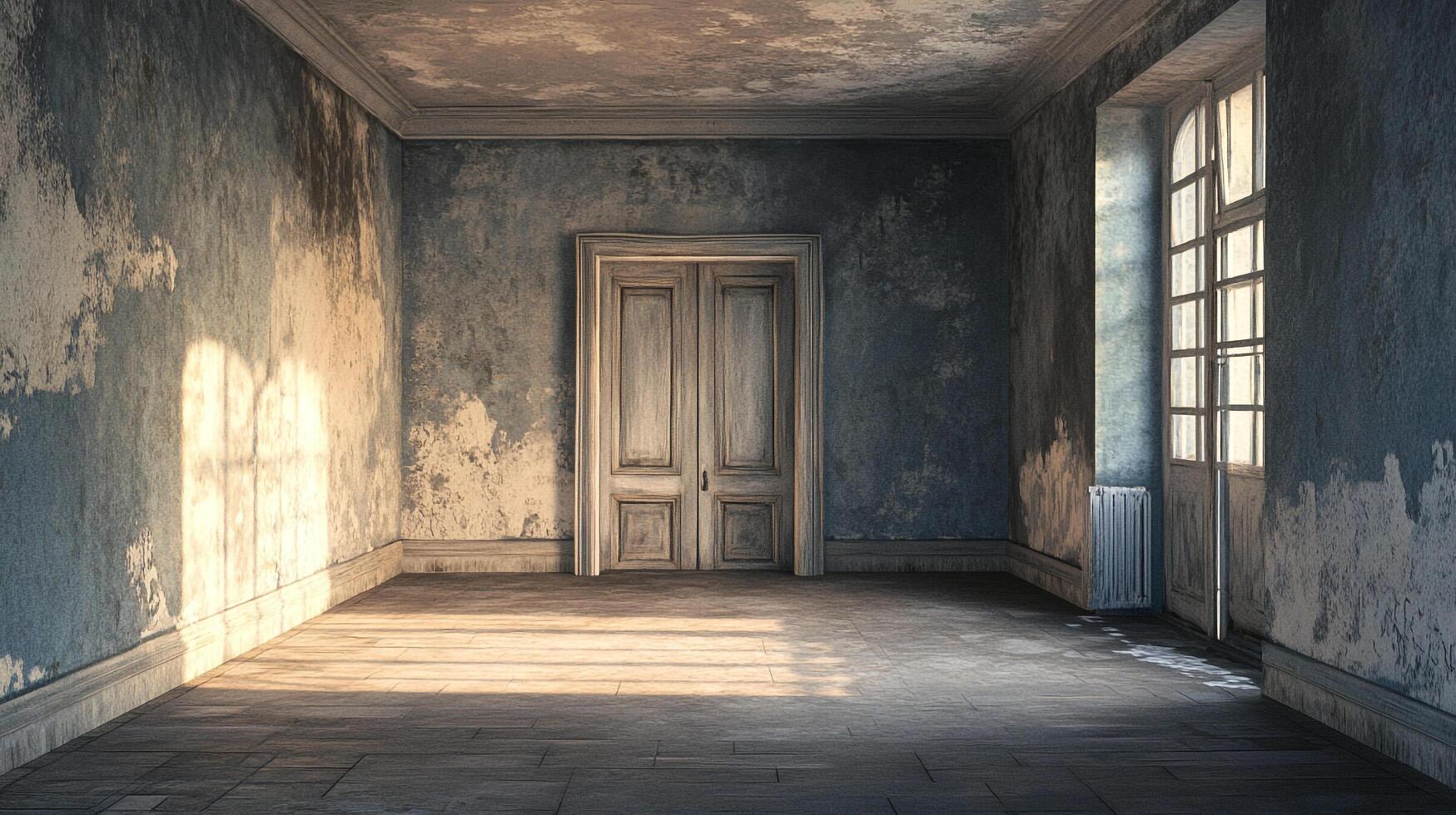 Dilapidated room with peeling paint, old door, and sunlight streaming through window creating a weathered atmosphere with decaying aesthetics. photo