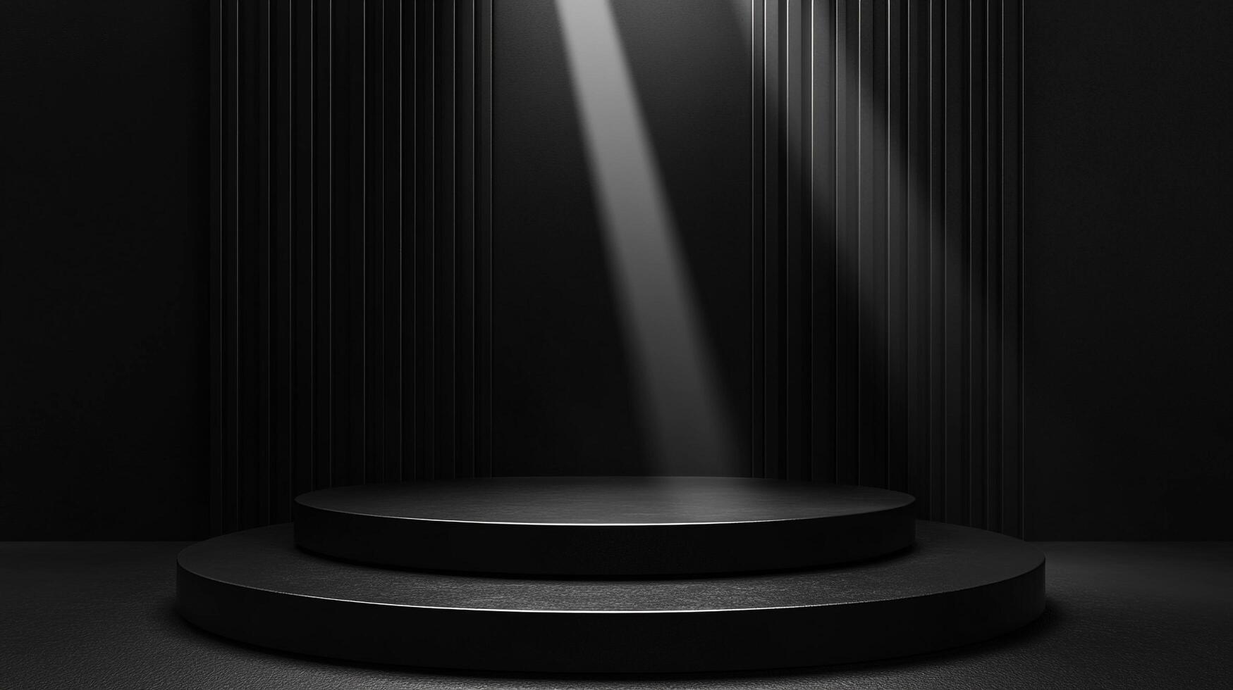 Monochromatic minimalist product stage. Lit by spotlight against vertically-paneled wall, creating dynamic interplay of light and shadow. photo