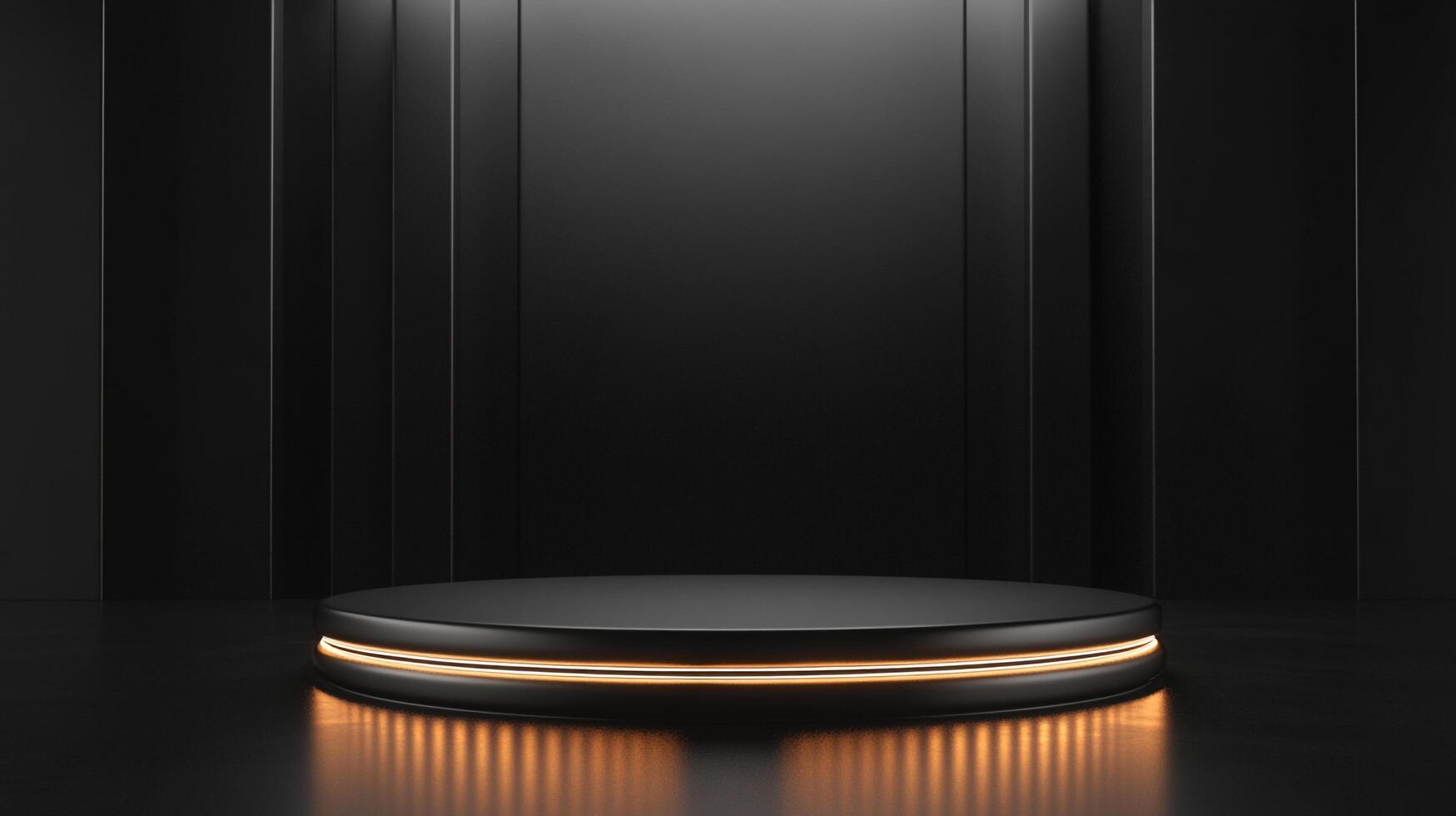 Sleek circular platform illuminated with golden light against a dark backdrop, ideal for product showcase, or minimalist design. photo