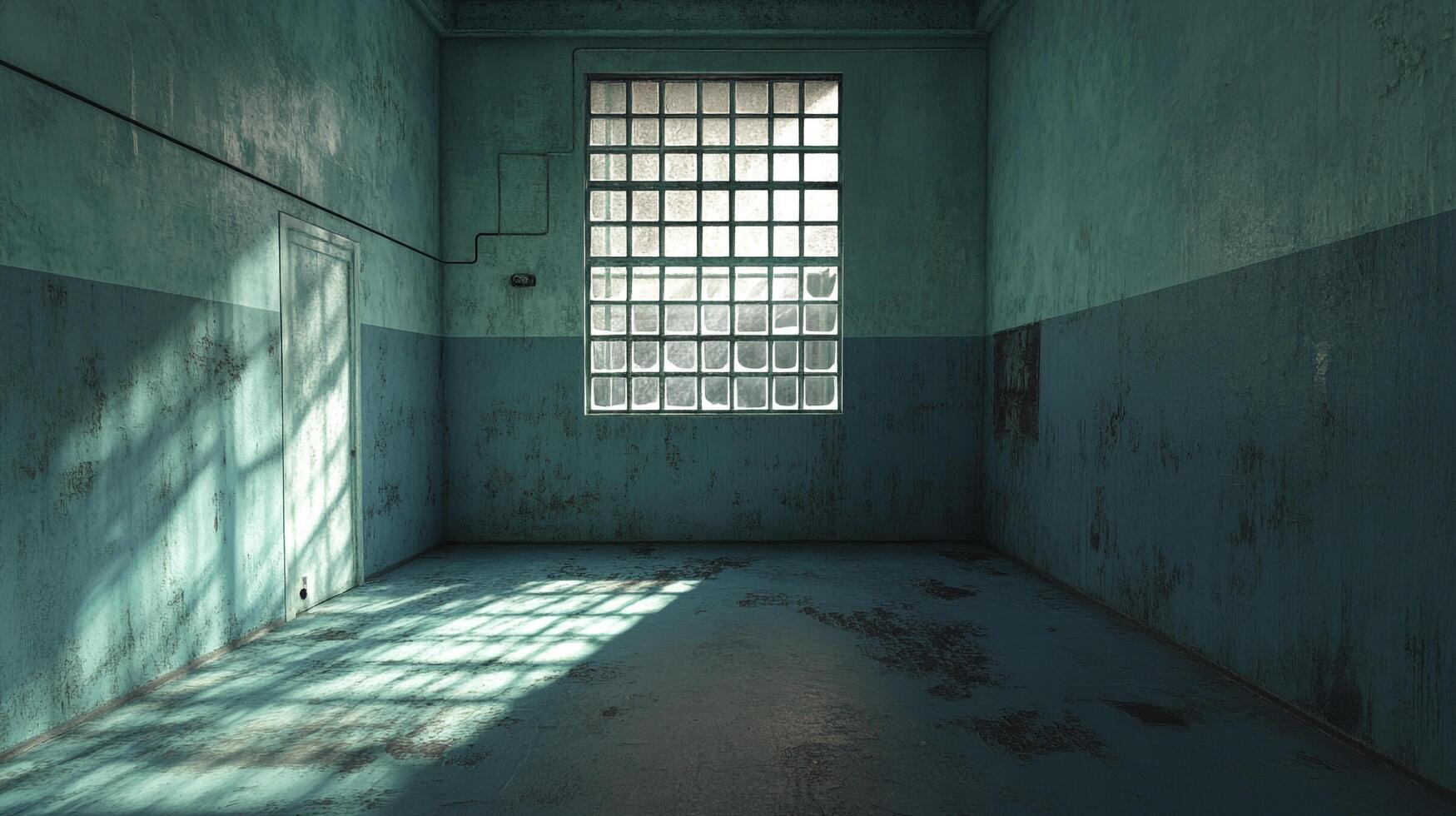 An eerie abandoned room basks in light streaming through a window, casting shadows on its weathered walls and floor, creating a haunting ambiance. photo