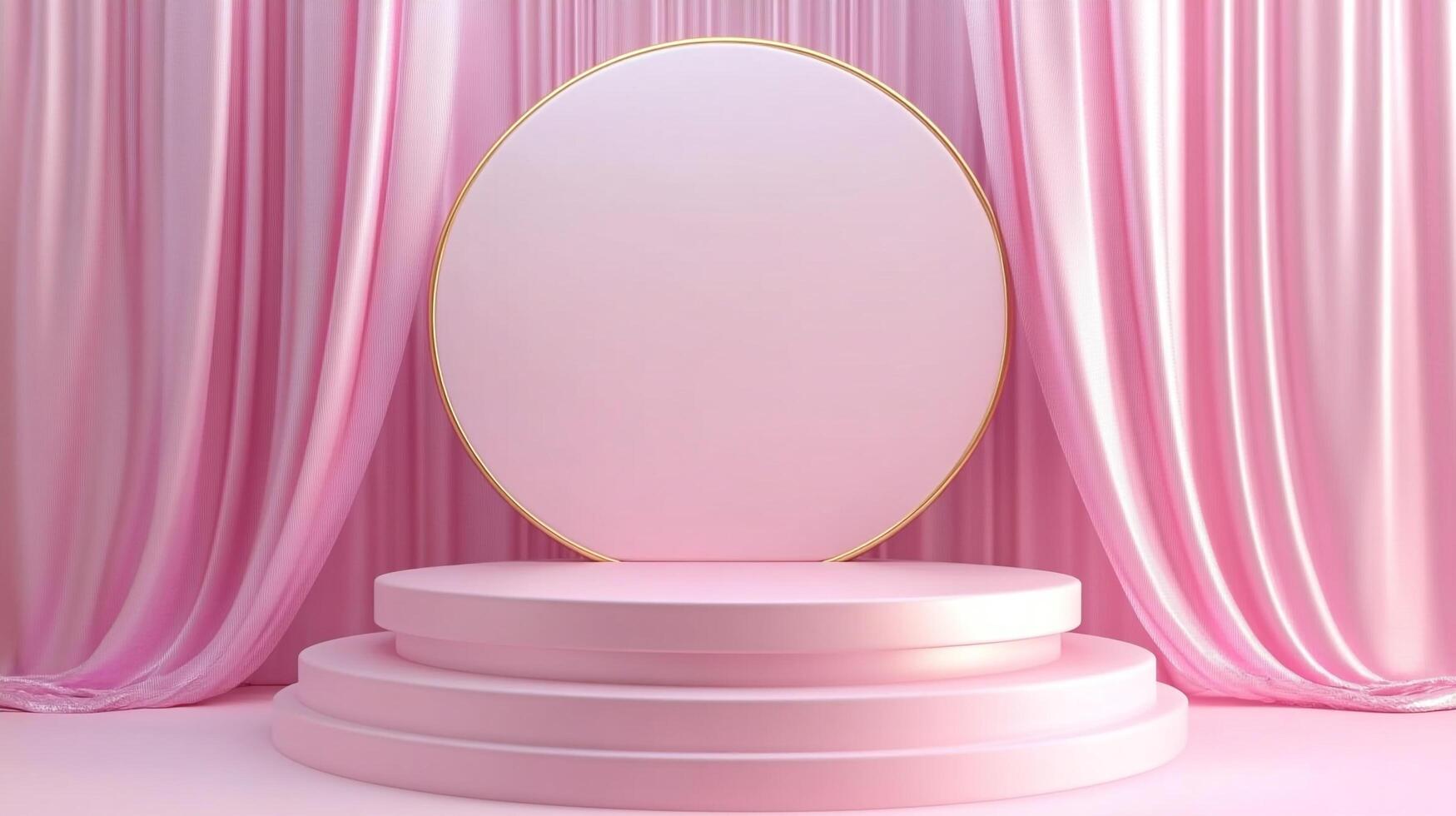 Elegant display platform with pastel pink aesthetics, complemented by luxurious draped fabric and a golden-rimmed circle backdrop, inviting allure. photo