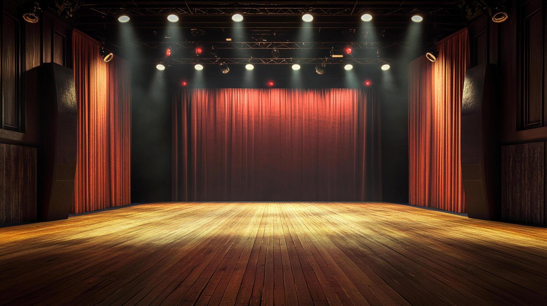 A theatre stage stands ready for performance, bathed in warm light from overhead spots illuminating the wooden floor and the closed red curtains. photo