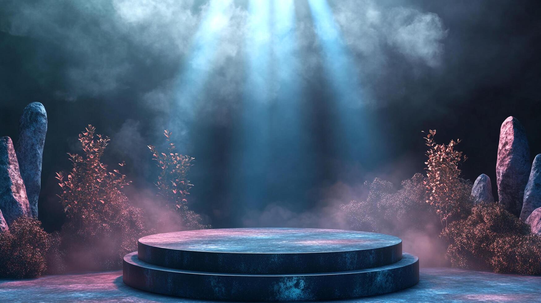 Mystical stage with dramatic lighting and foliage, creating a magical atmosphere. Great for product displays and creative presentations. photo