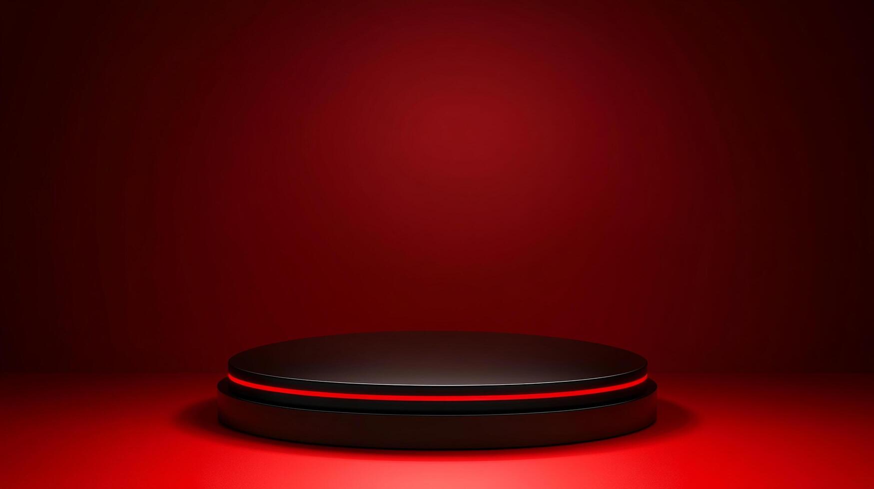 A sleek black display pedestal with a vibrant red glowing ring, staged against a rich red backdrop. Perfect for showcasing items elegantly. photo
