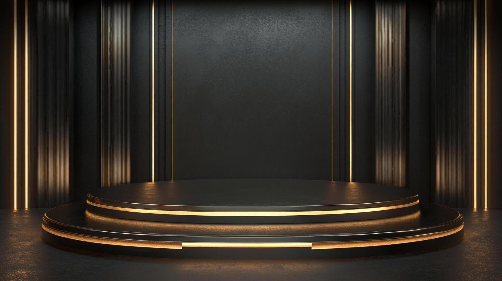 A sleek, two-tiered black platform with warm gold trim set against a dark backdrop with vertical gold accents for product presentation. photo