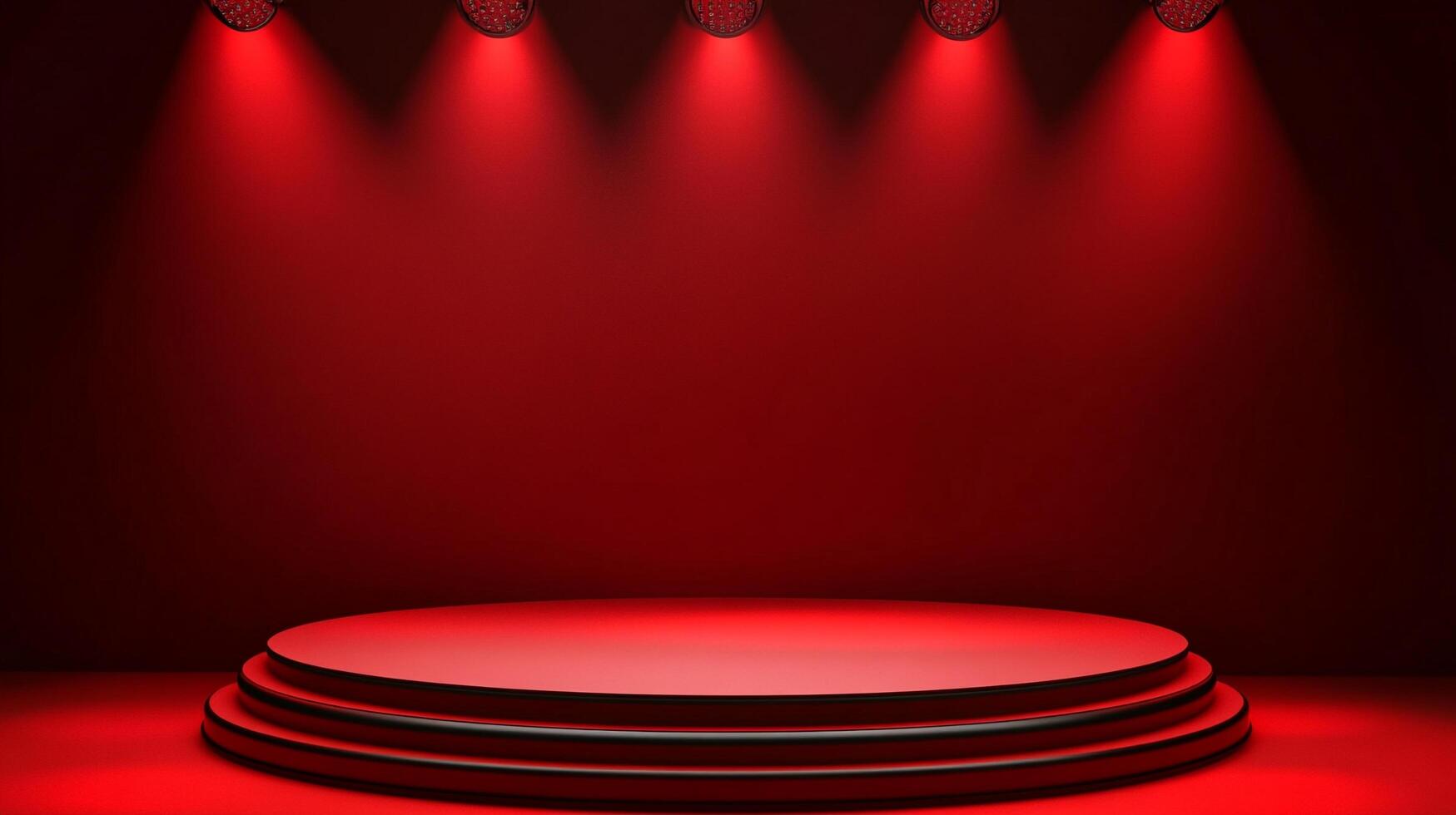 Striking stage with vibrant red lighting, creating a captivating atmosphere for performance or presentation. Round platform with tiered steps. photo