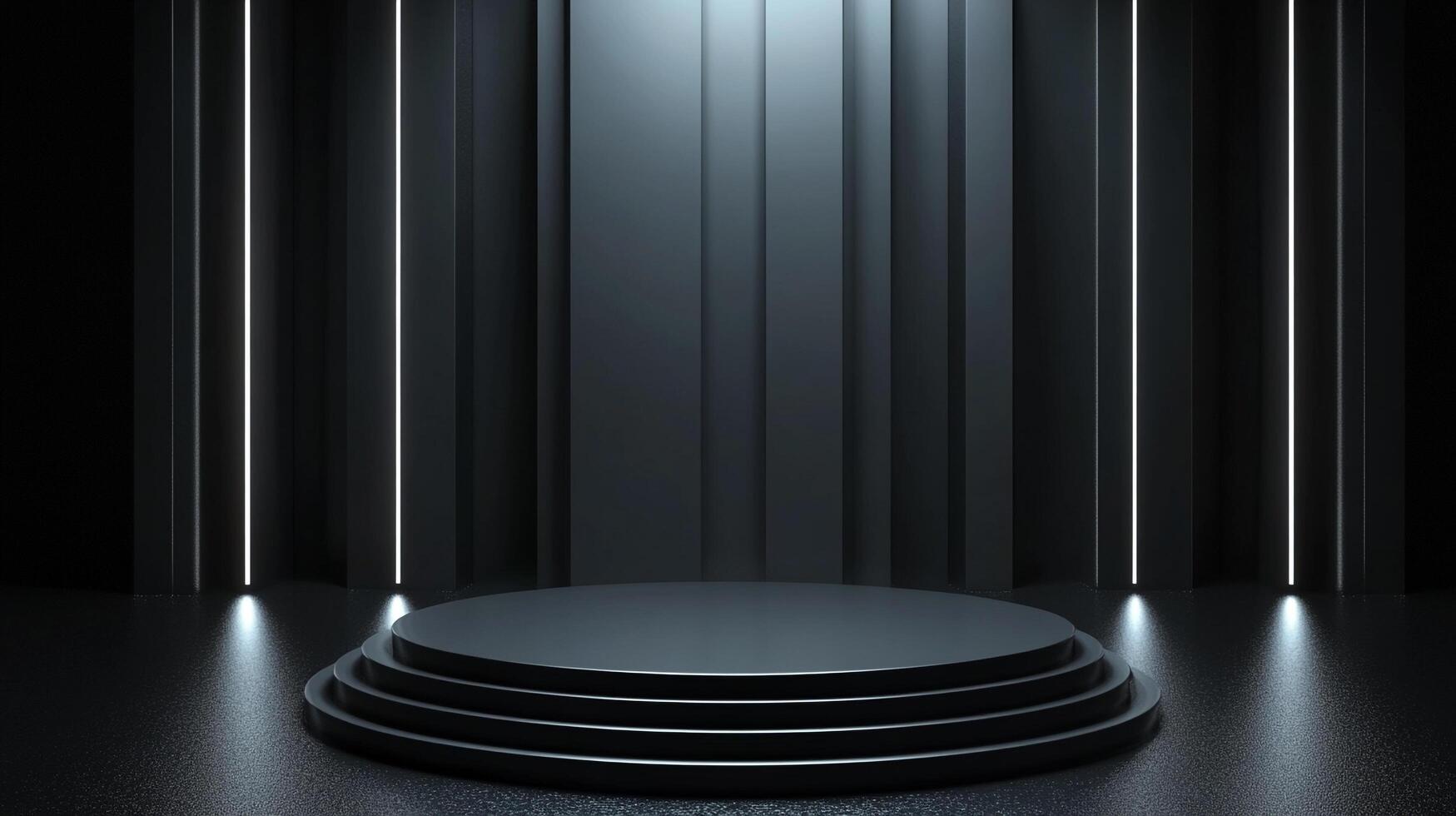 A sleek, dark presentation stage with layered platform illuminated by vertical light panels, creating a minimalist and modern backdrop. photo