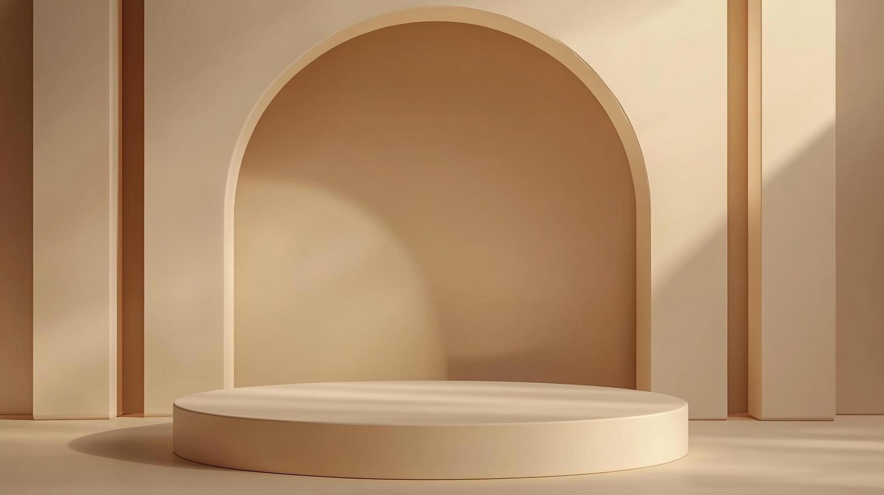 Minimalist display setup. The neutral tones and subtle shadows create a calming yet elegant backdrop. A circular platform takes center stage. photo