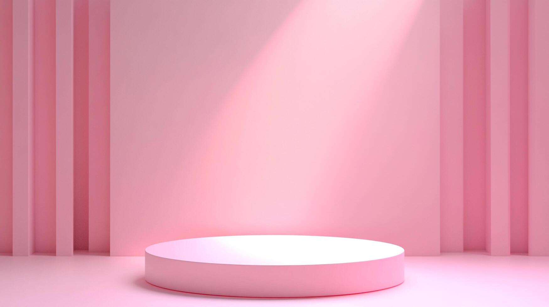 A soft pink monochromatic scene showcases a simple circular platform under a spotlight, framed by textured vertical lines and a clean backdrop. photo