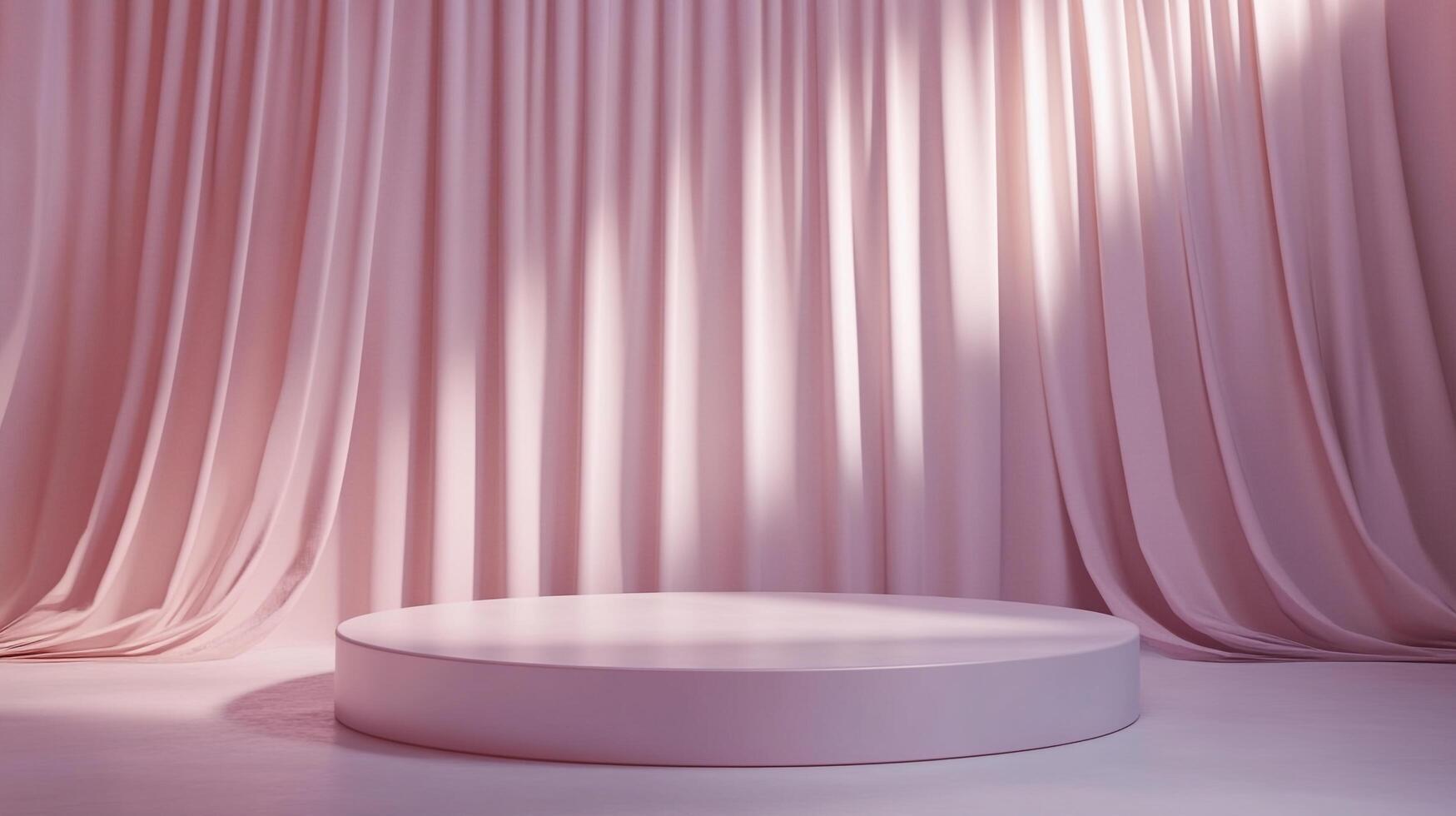Elegant stage setup featuring a smooth, pink circular platform against a backdrop of gently draped curtains with soft, diffused lighting. photo