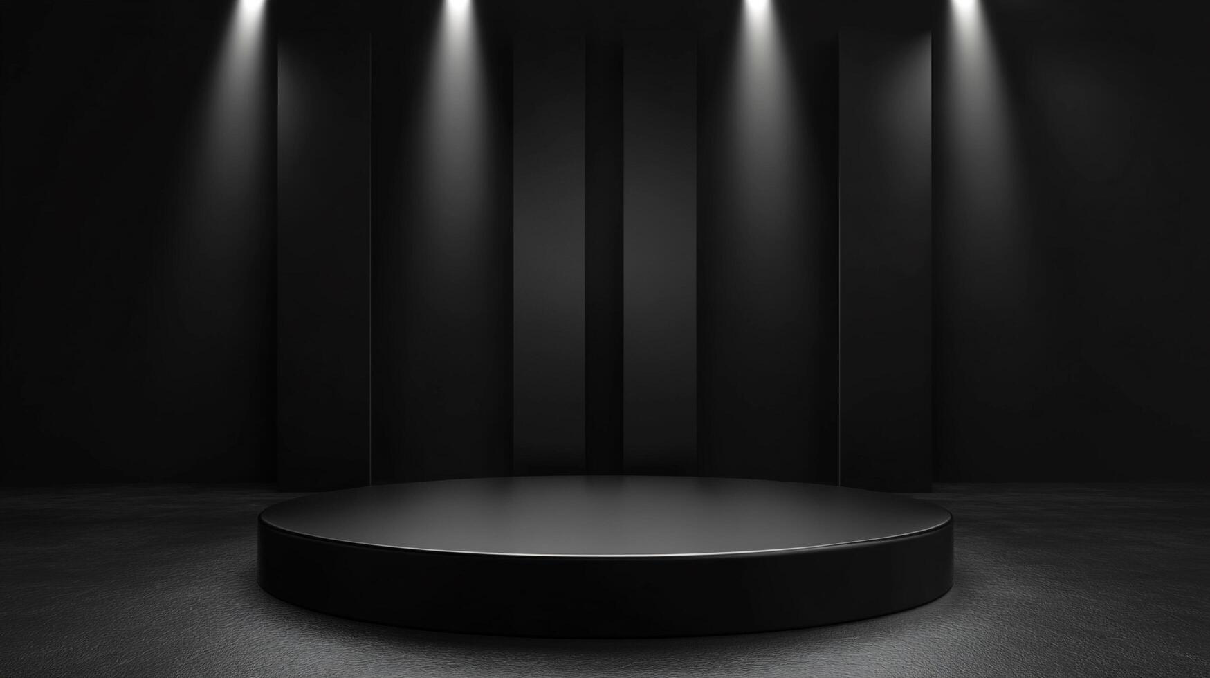 A sleek, minimalistic black platform is illuminated by spotlights, creating a sophisticated and modern space for showcasing products or art. photo