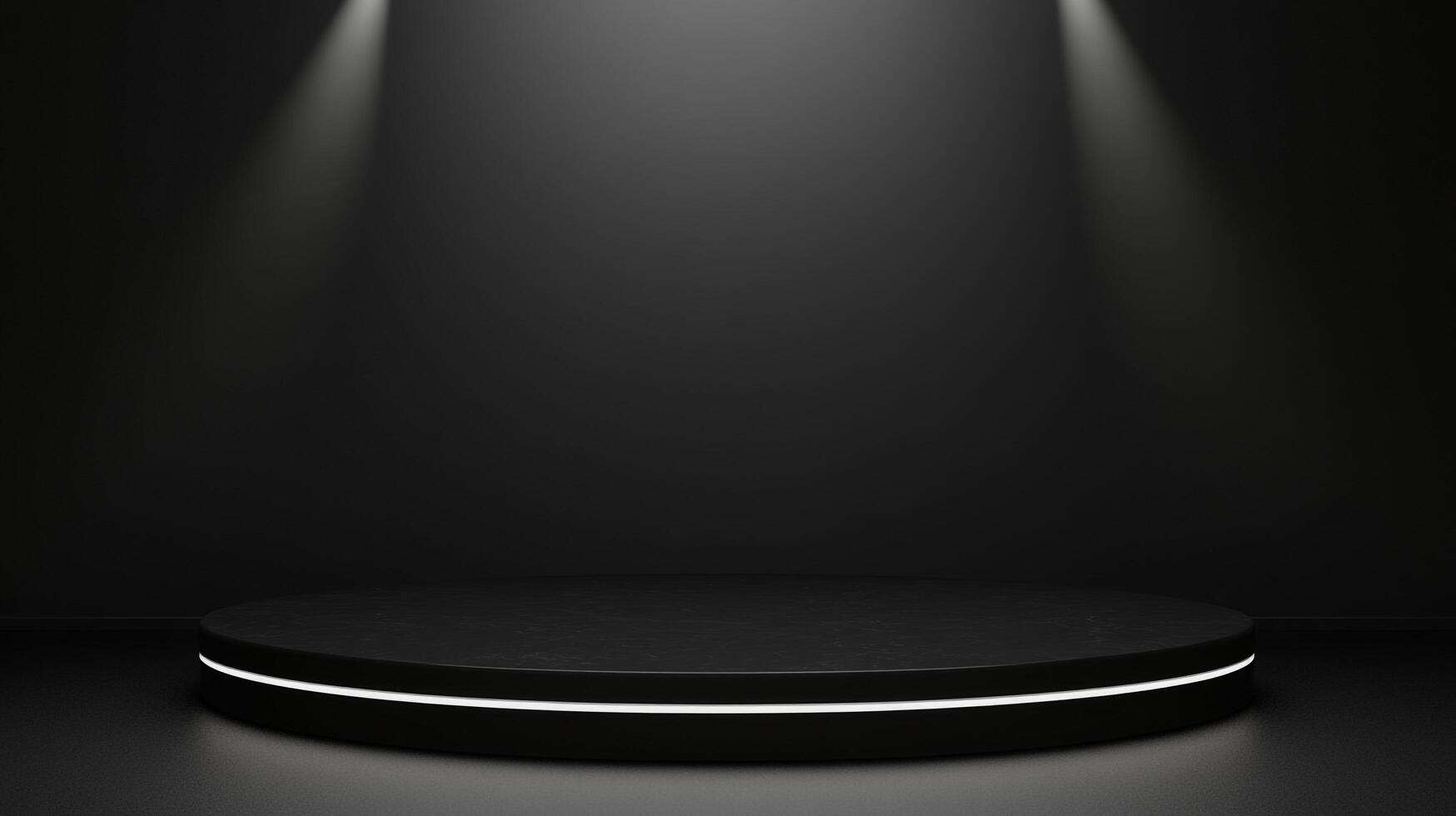 Sleek black podium with minimalist design, illuminated by spotlights. Ideal for product showcases and elegant displays. photo