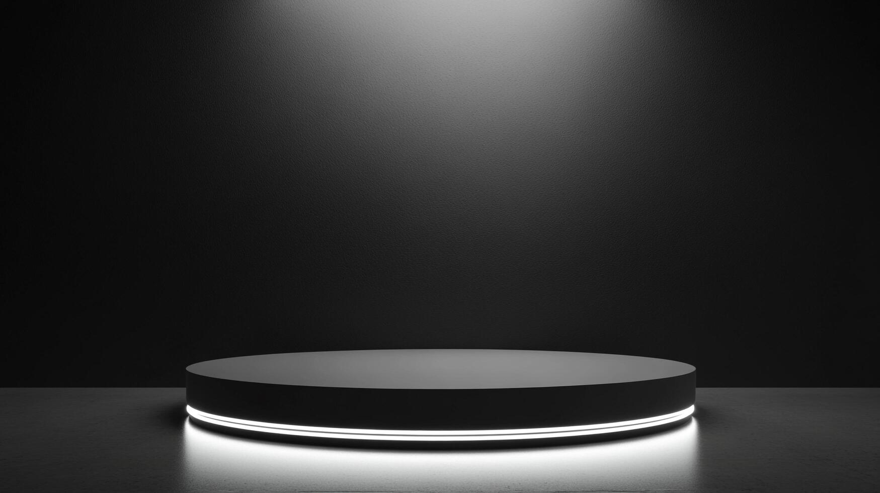 Minimalist round platform on gray surface with a gray backdrop and subtle lighting. Ideal for showcasing products or art in a modern context. photo