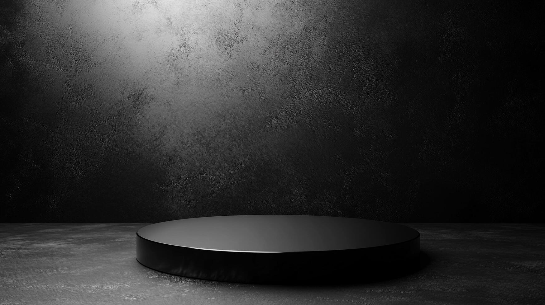 Monochromatic product display stand. Minimalist scene of round podium against concrete wall, lit by soft spotlight. Perfect for presentations. photo