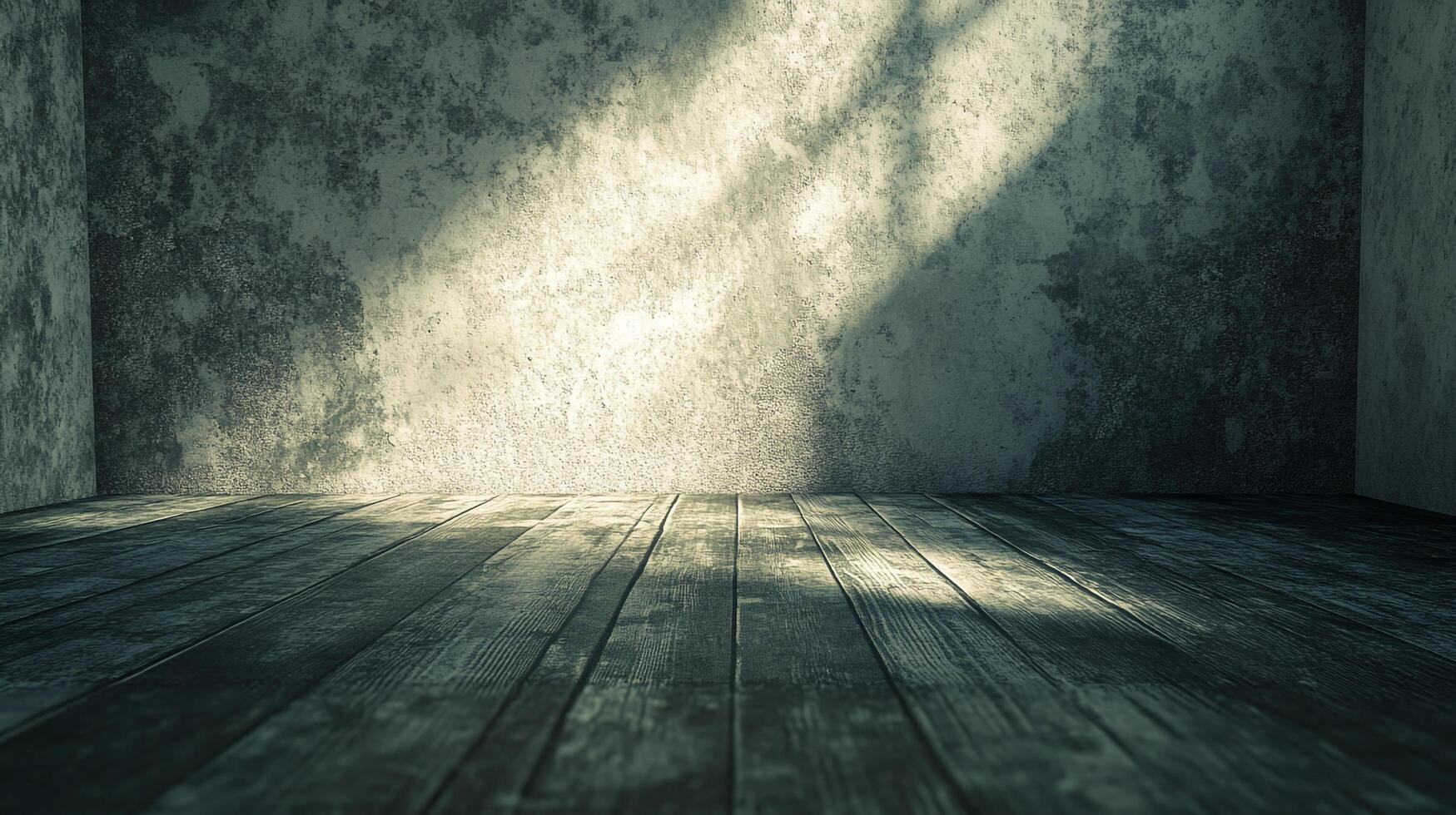 A solitary corner room bathed in dappled sunlight, casting shadows across its weathered, textured wall and old wooden floor. photo