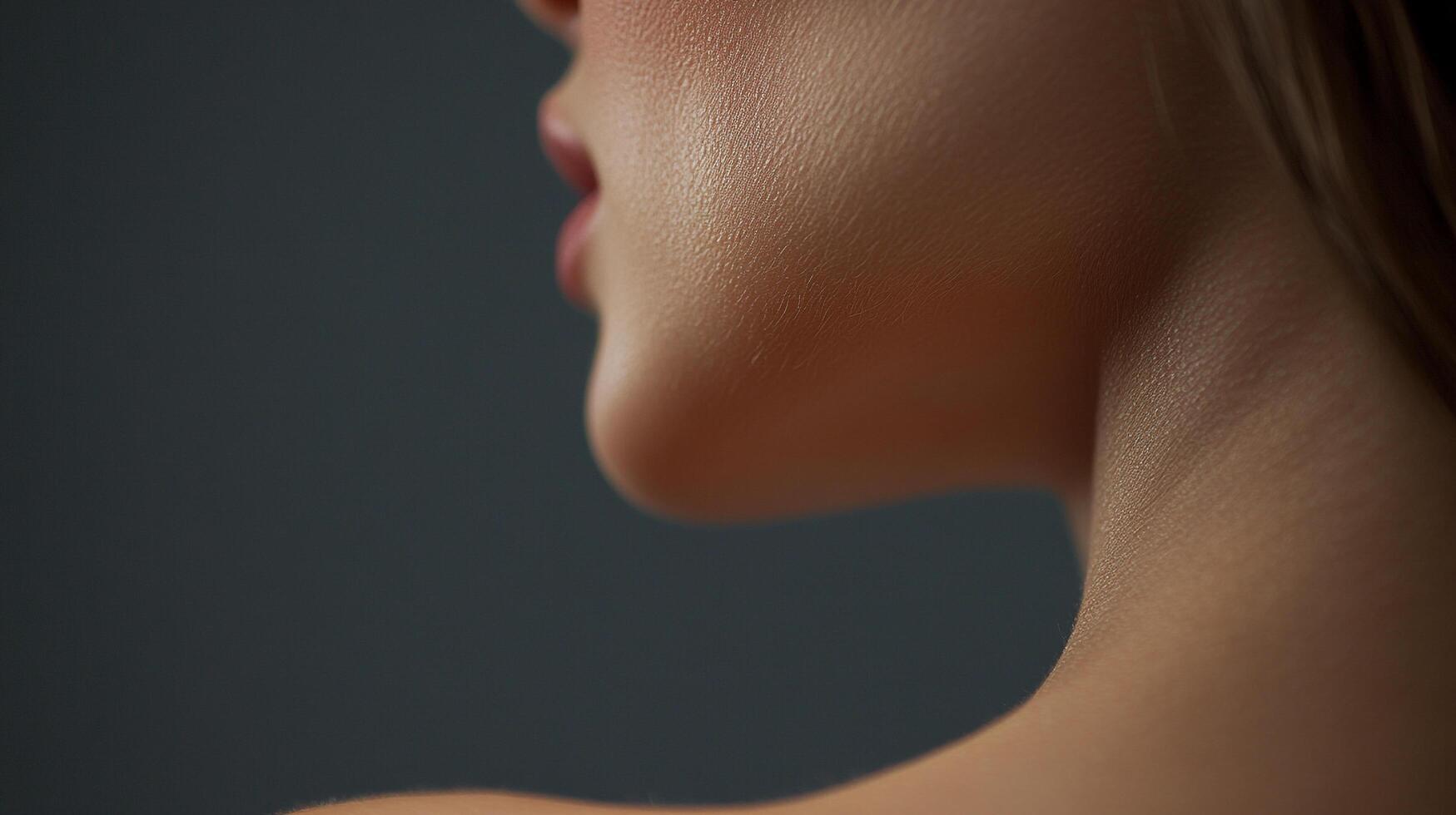 Close-up of a woman's face shows delicate skin, smooth lines, and a subtle hint of pink on her lips, set against a smooth background. photo