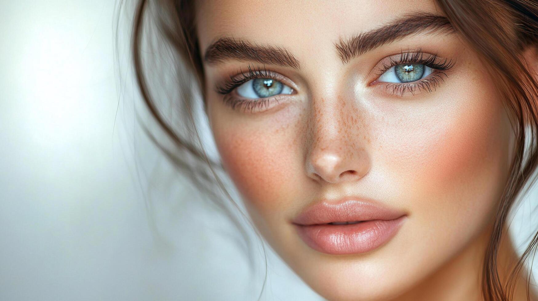 Close-up of a woman's face highlighting her light blue eyes, freckles, and makeup with a soft, focused depth of field. photo