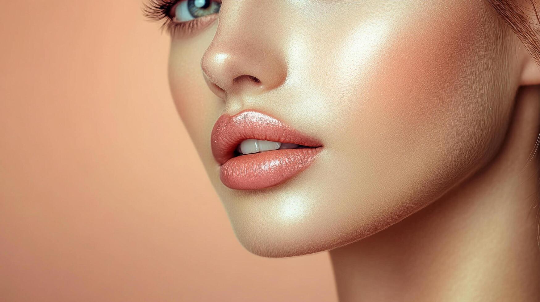 Close-up of a woman's face showcasing luminous skin, full lips with a glossy finish, and defined lashes against a peach background. photo