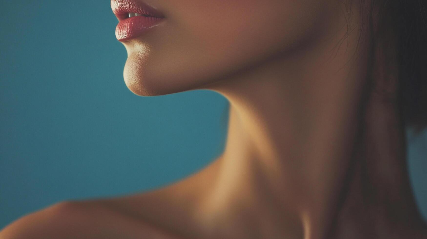Close-up portrait showcasing a woman's elegant neck, chin, and mouth against a serene teal backdrop. Soft lighting enhances the skin's texture. photo