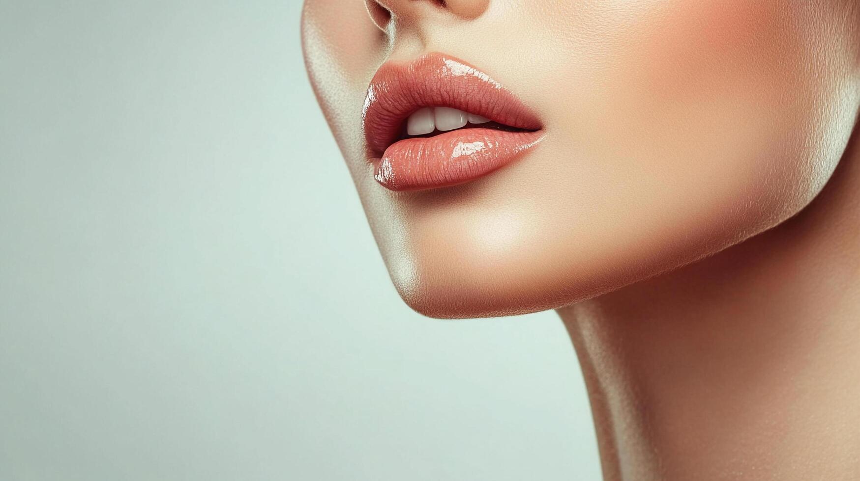 Close-up of a woman's face, focusing on her lips with glossy lipstick, showcasing smooth skin and subtle makeup against a light backdrop. photo