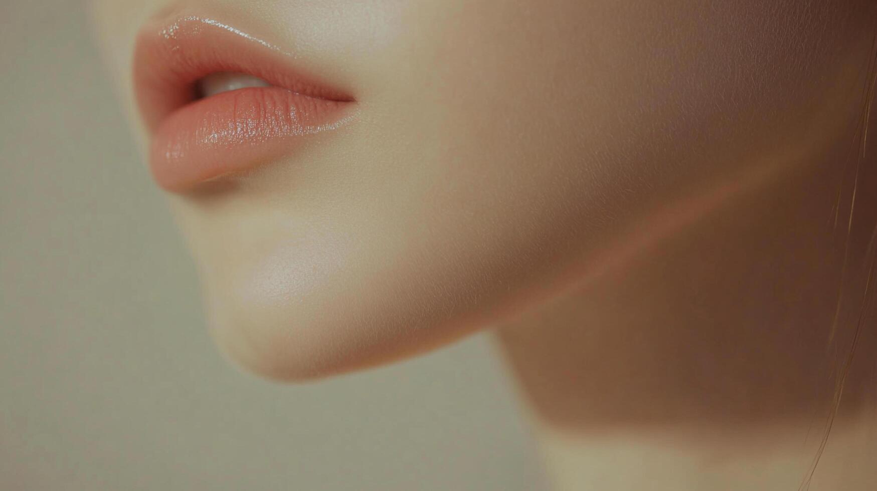 Close-up captures the soft, smooth skin of a woman's face, highlighting the subtle curves of her jawline and the delicate features of her lips. photo