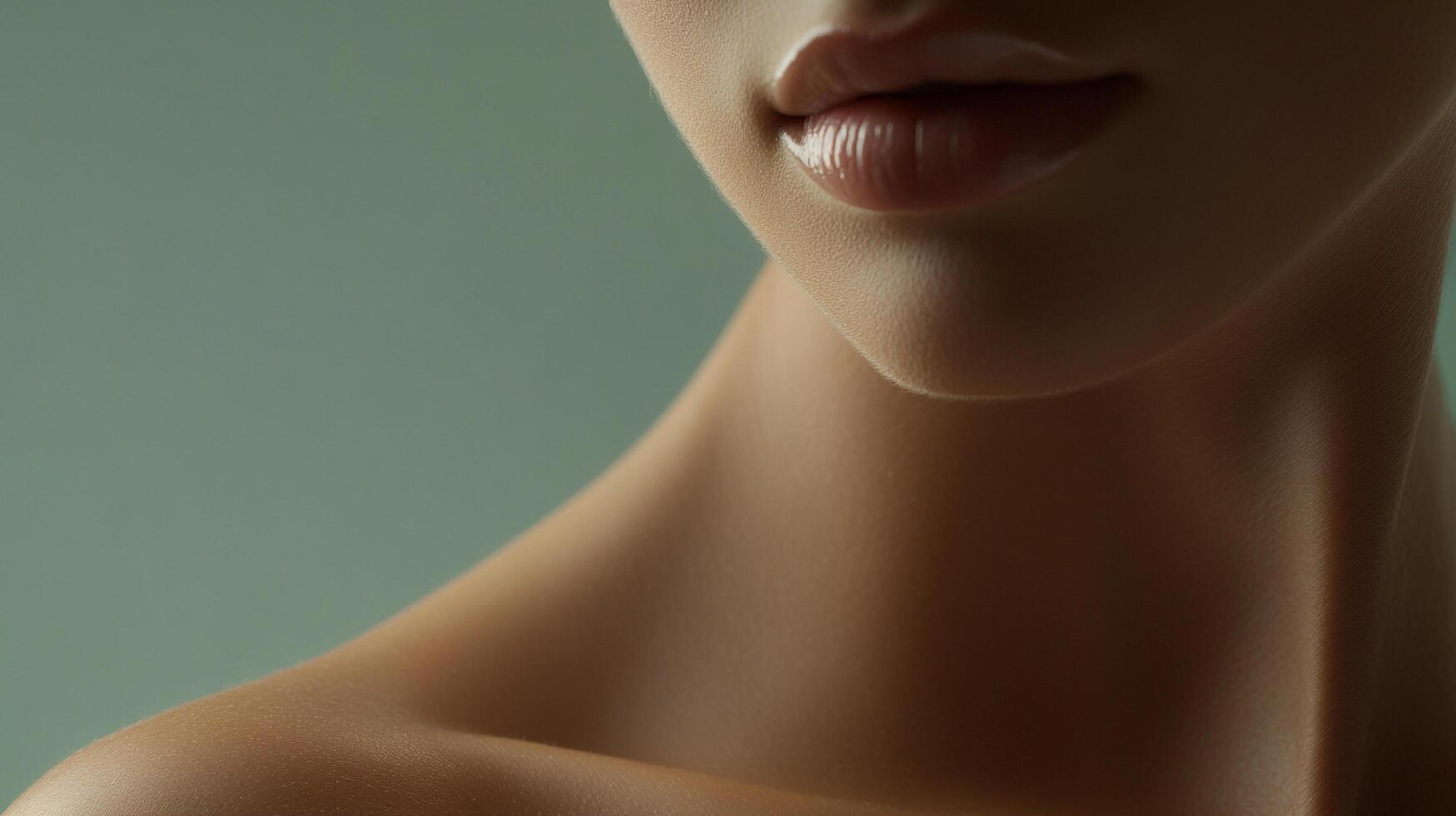 Close-up of woman's lips, neck, and shoulder showcasing smooth skin in a soft, elegant light. Focus is on beauty, skincare, and self-care. photo