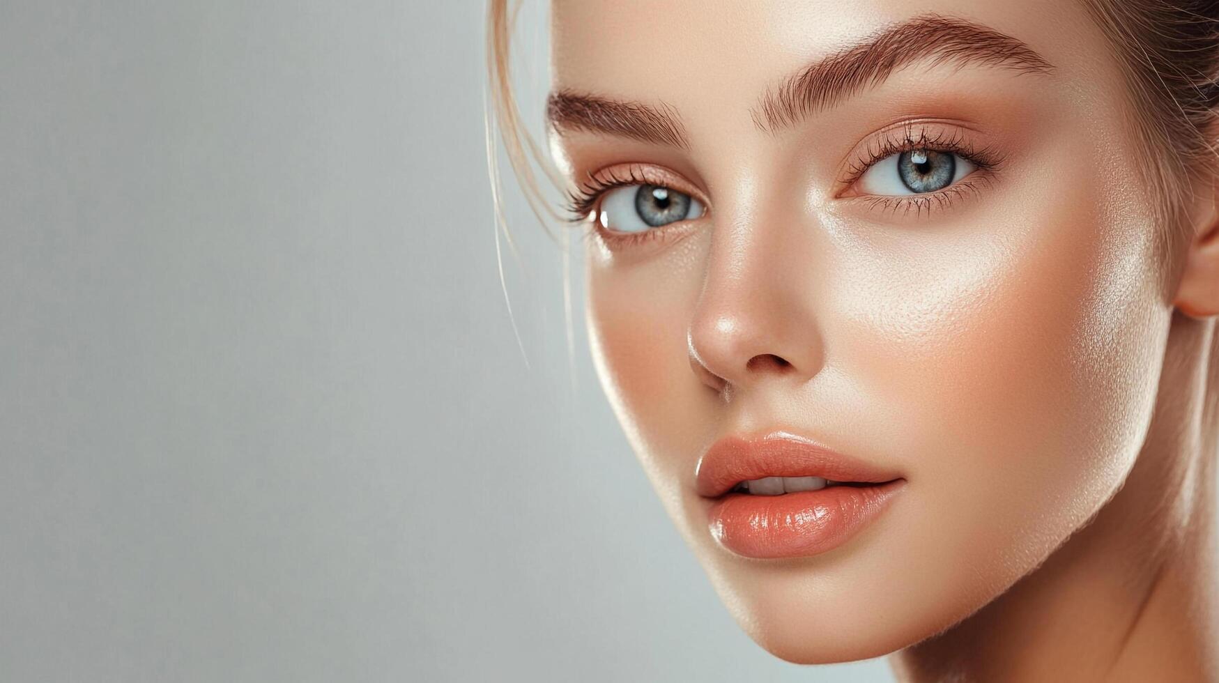 Portrait showcasing flawless complexion, defined brows, mesmerizing blue eyes, and elegantly styled hair, radiates timeless allure. photo