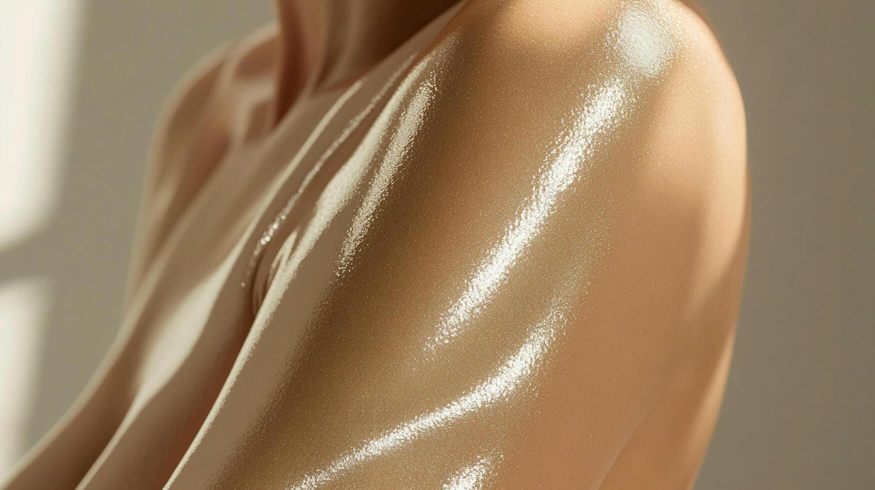 Shimmering skin texture. The skin appears supple, hydrated, and radiant with light bouncing off the smooth surface, enhancing its natural tones. photo
