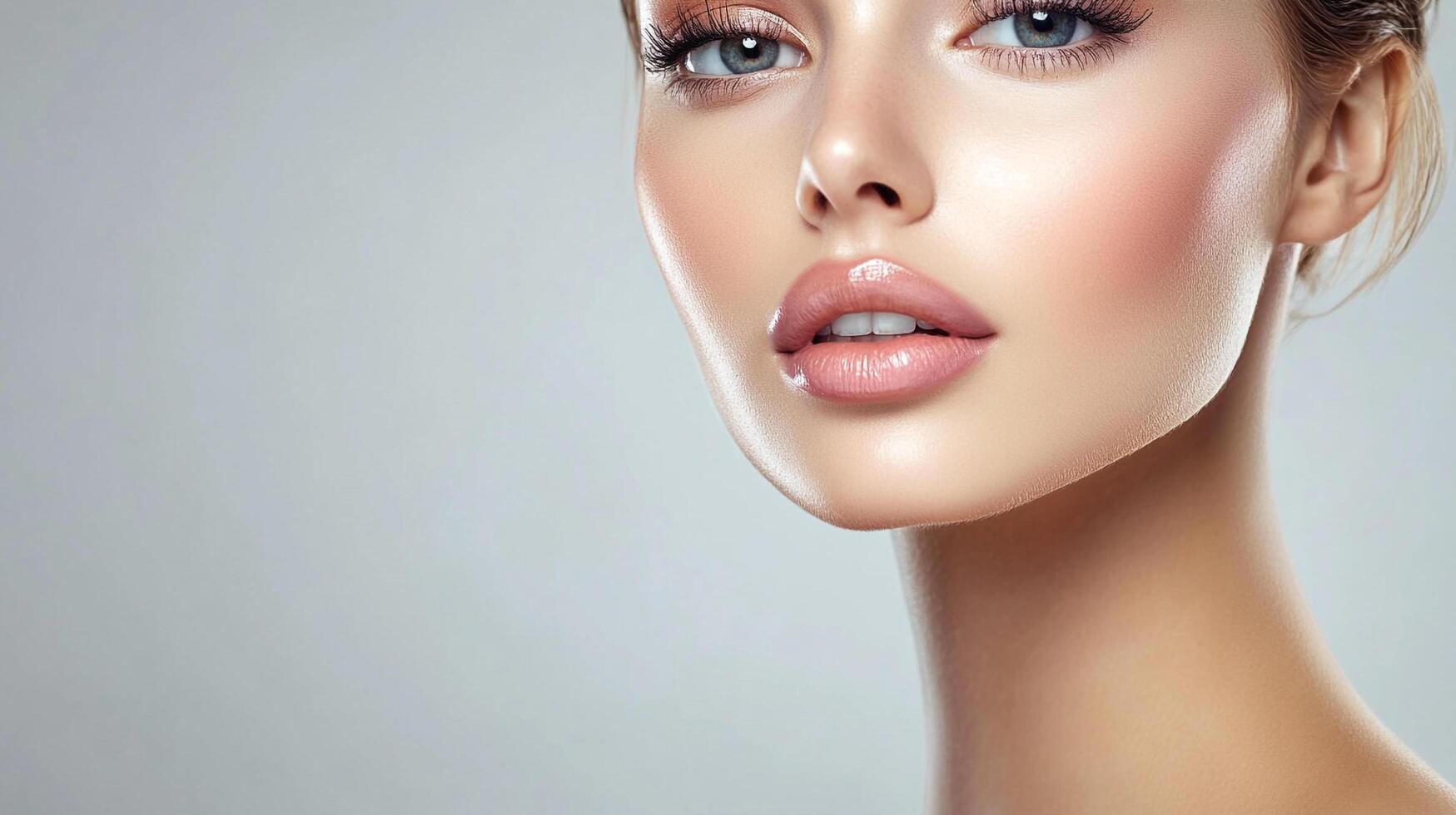 Radiant woman showcasing flawless skin and makeup, with a serene expression against a soft background. Beauty and grace are embodied. photo