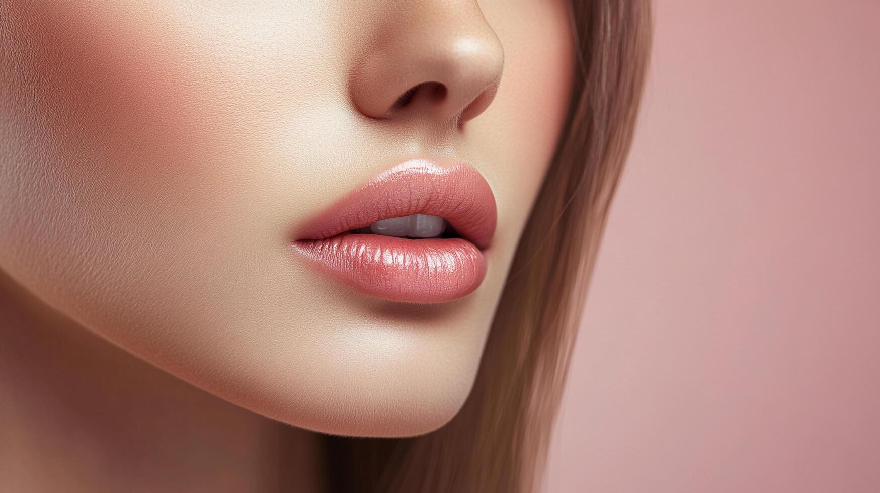 Close-up capturing the delicate beauty of lips, showcasing a soft pink shade and a subtle glossy finish against a pastel backdrop. photo