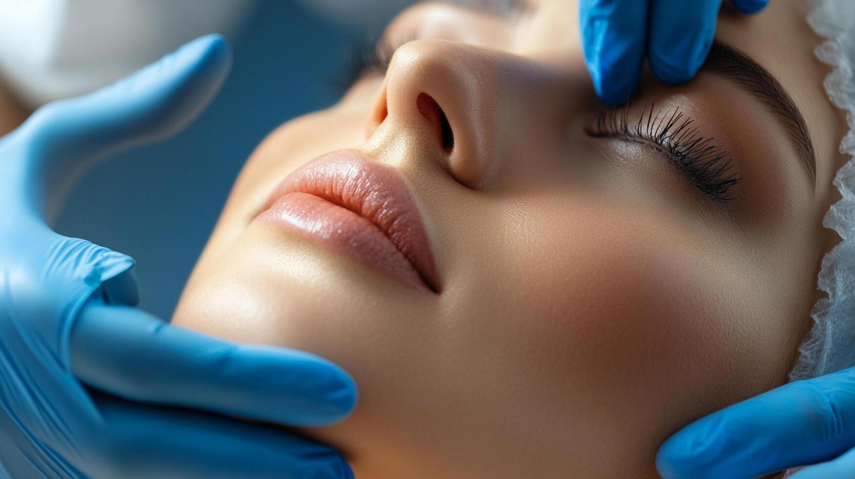 Close-up of a woman's face being examined by a medical professional wearing gloves, potentially for a dermatological assessment. photo