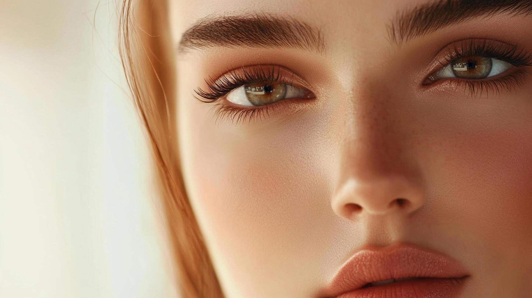 Close-up on a woman's face highlighting her eye with long lashes, sculpted brows, smooth skin, and full lips in neutral makeup tones. photo