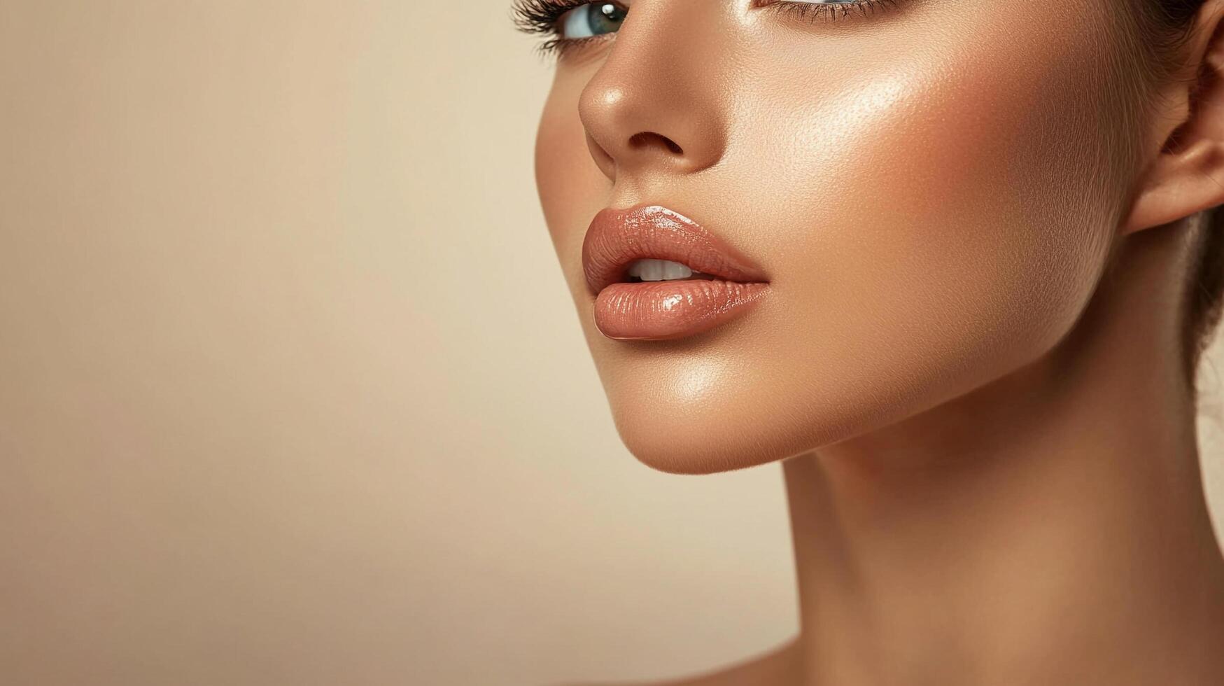 Close-up shot of a woman's face showcasing glossy lips, flawless skin, and subtle makeup against a soft, neutral background. photo